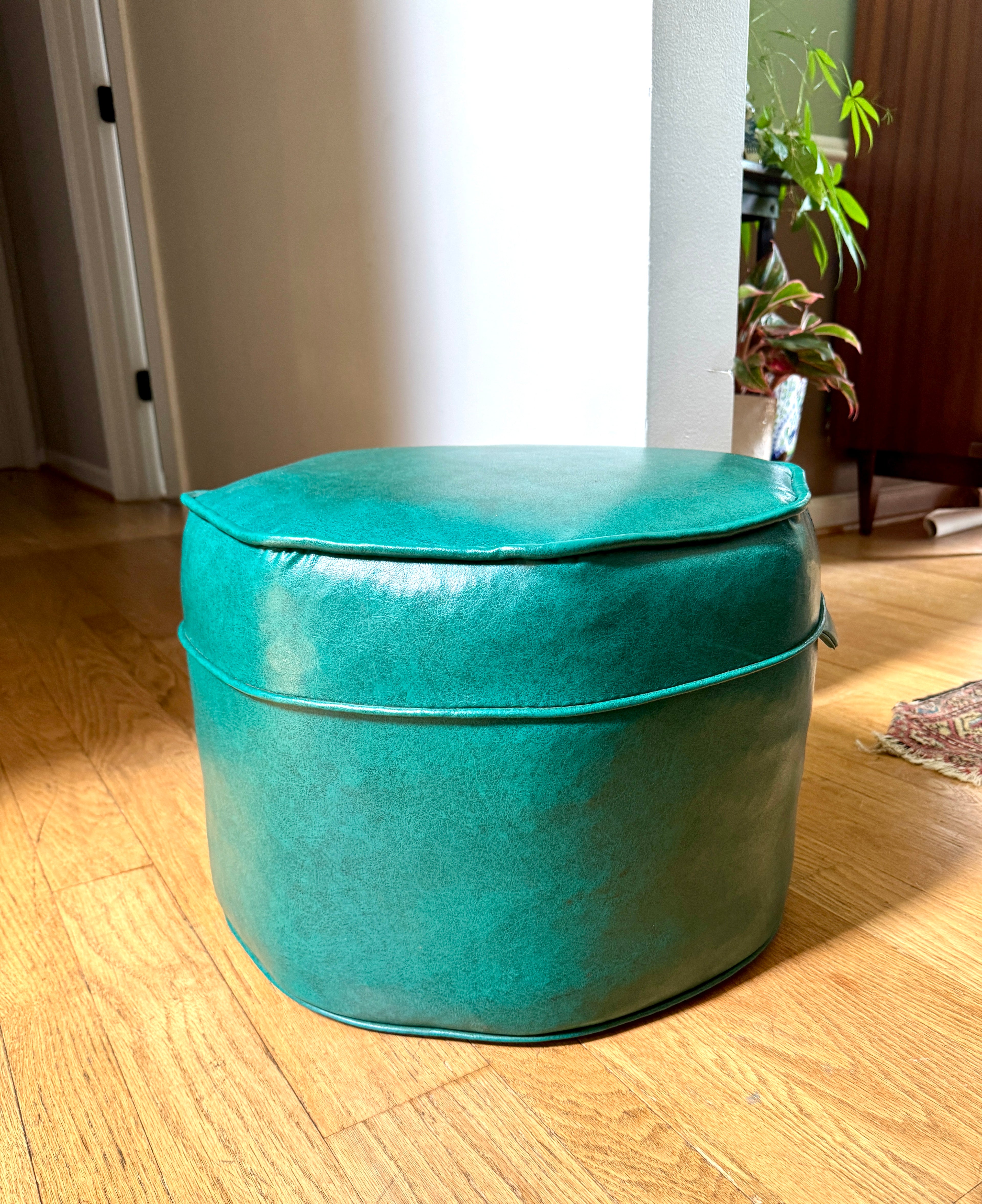 1960's Turquoise Vinyl Octagon Ottoman ~ Vinyl Hassock Ottoman Pouf