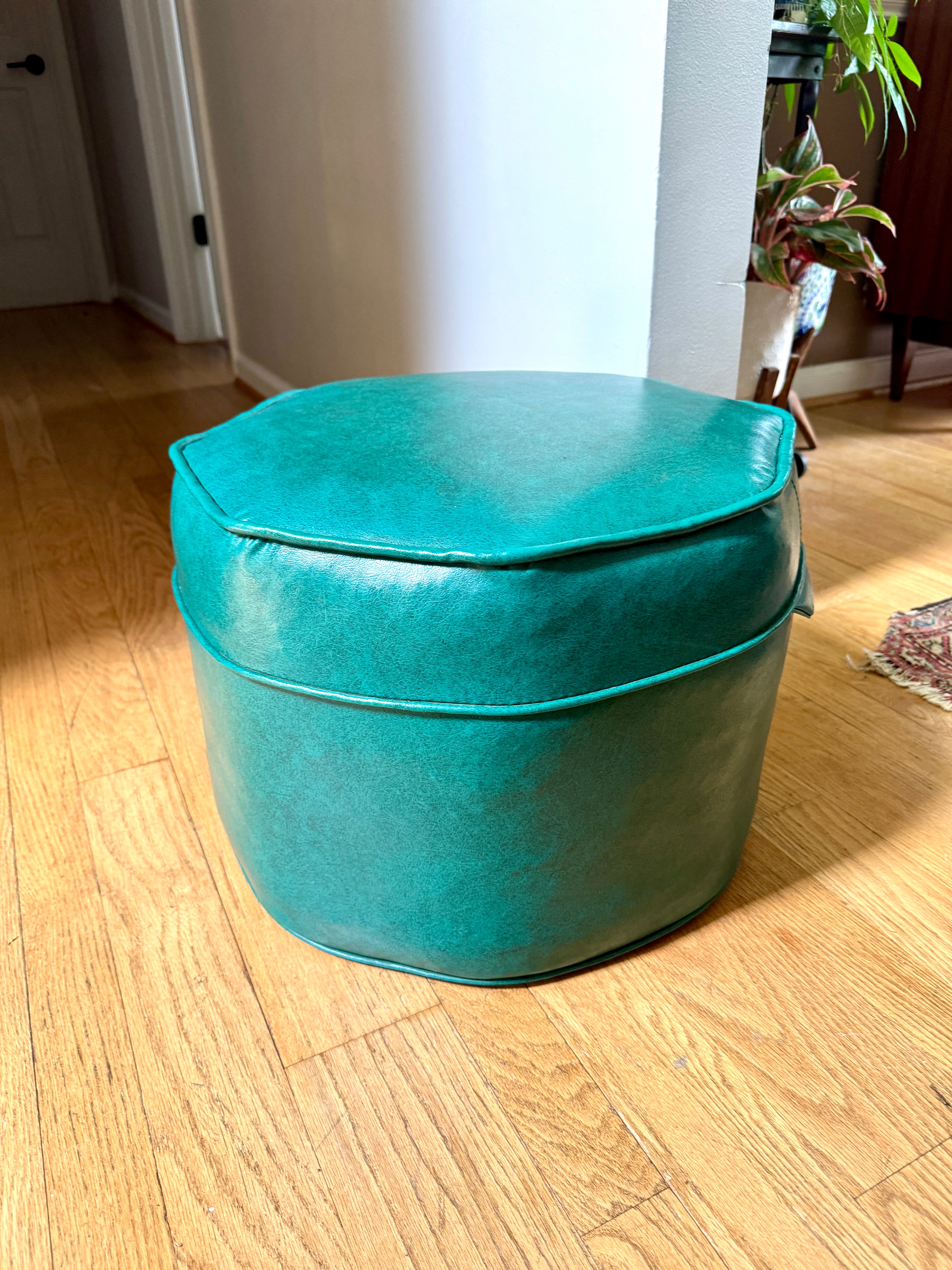 1960's Turquoise Vinyl Octagon Ottoman ~ Vinyl Hassock Ottoman Pouf