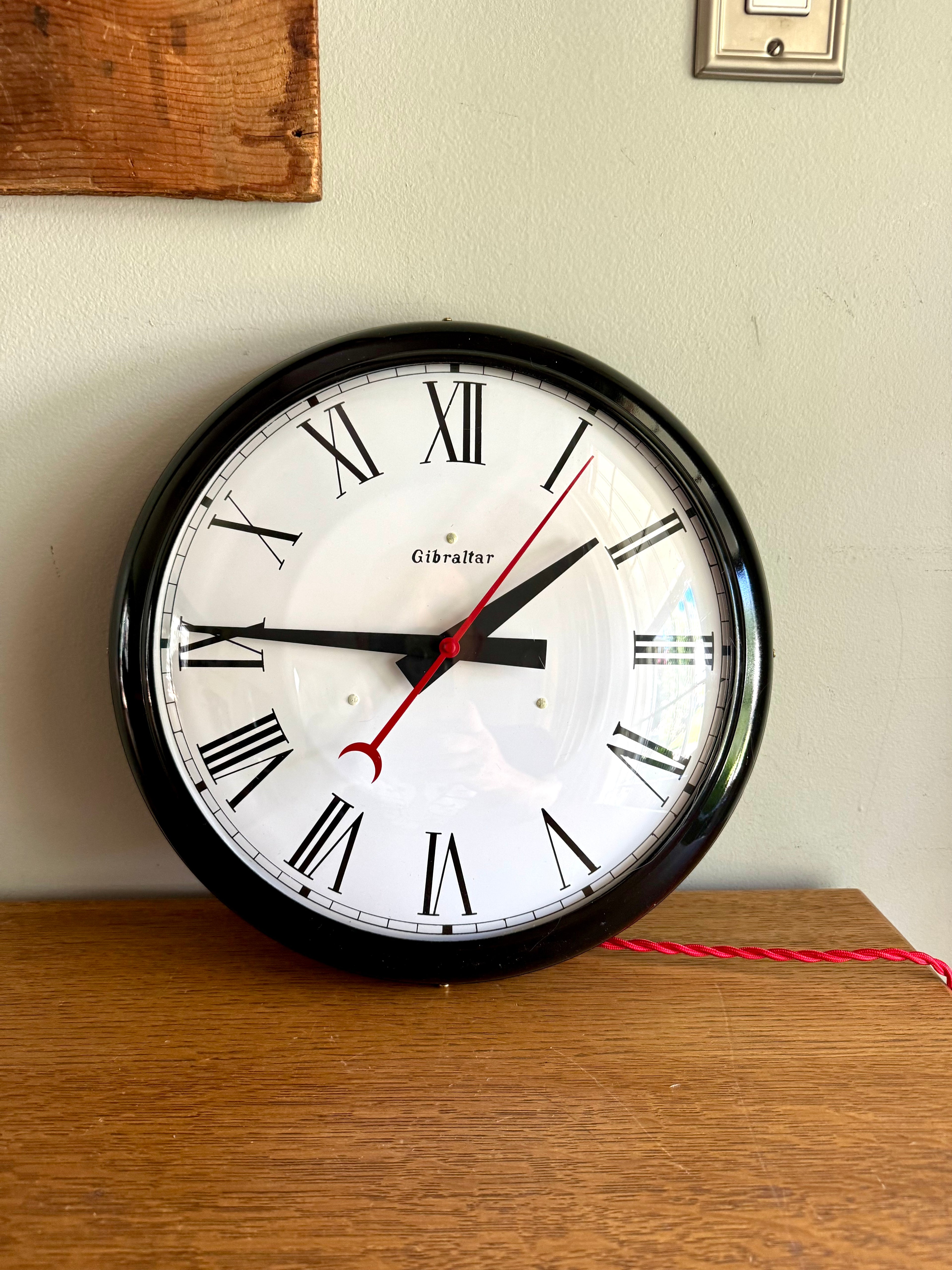 Working Gibraltar No.72  Wall Clock | Classic Industrial Wall Clock | Black Round School Wall Clock | Rewired Metal and Bubble Glass Clock