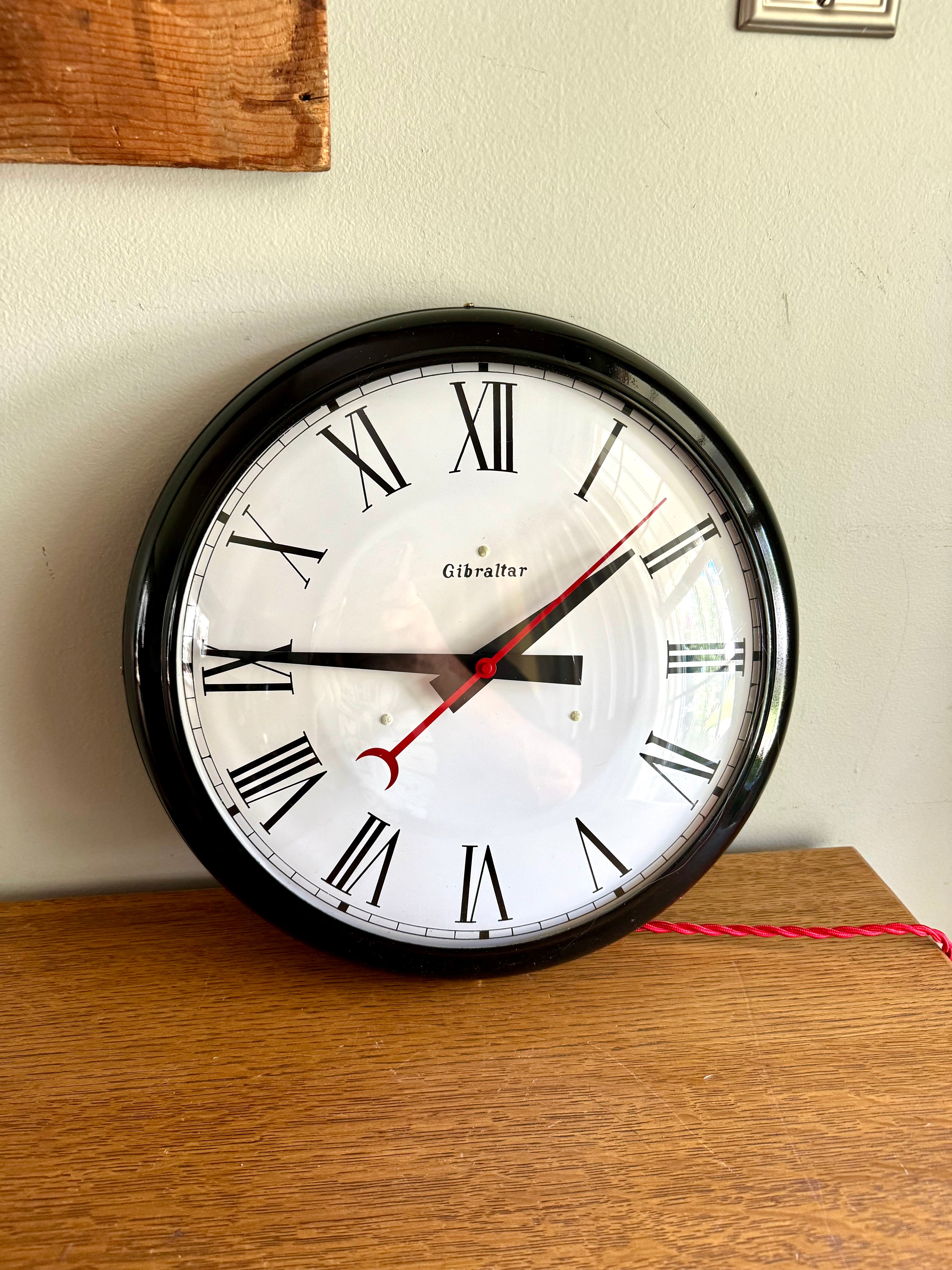 Working Gibraltar No.72  Wall Clock | Classic Industrial Wall Clock | Black Round School Wall Clock | Rewired Metal and Bubble Glass Clock