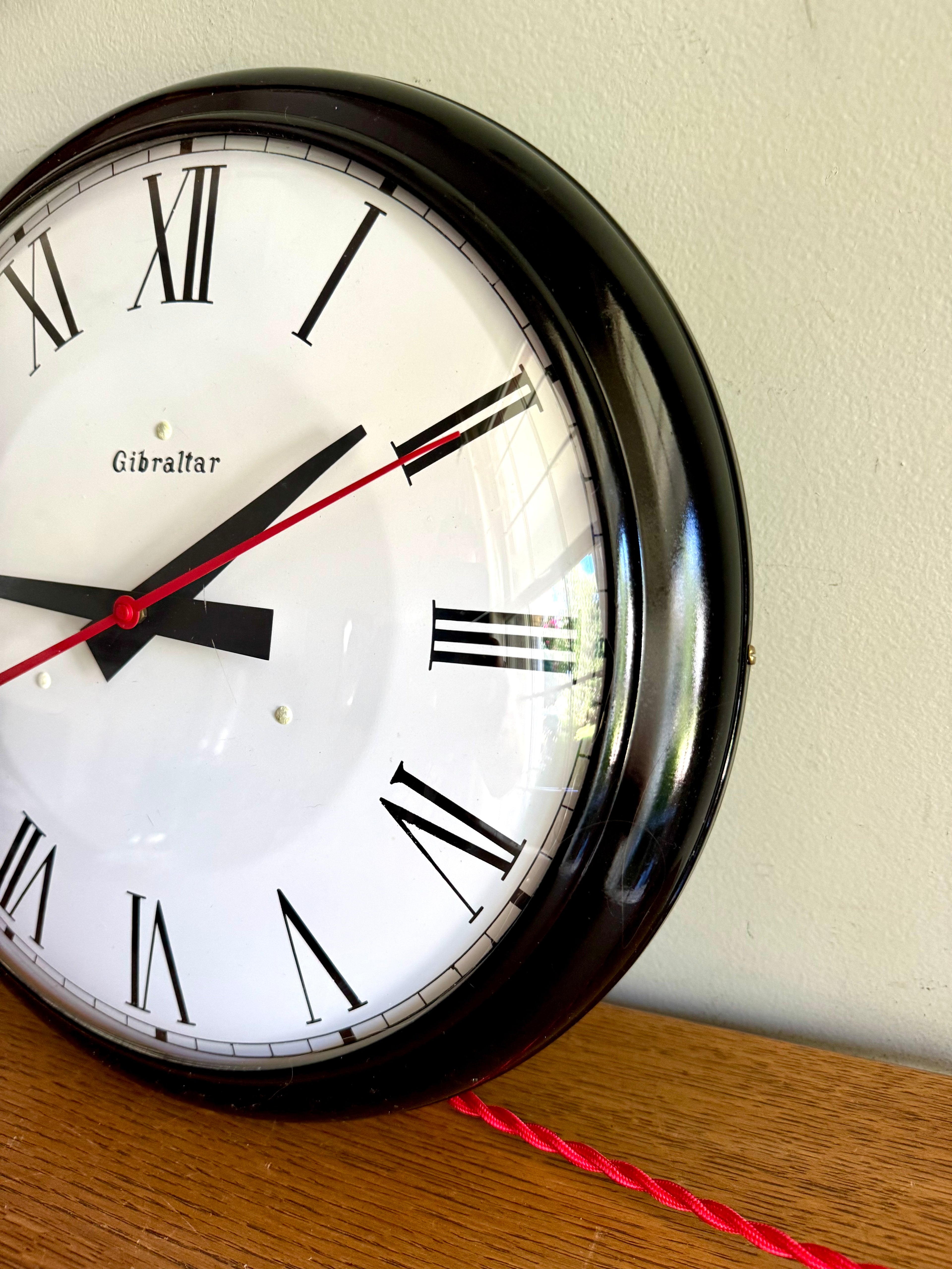 Working Gibraltar No.72  Wall Clock | Classic Industrial Wall Clock | Black Round School Wall Clock | Rewired Metal and Bubble Glass Clock