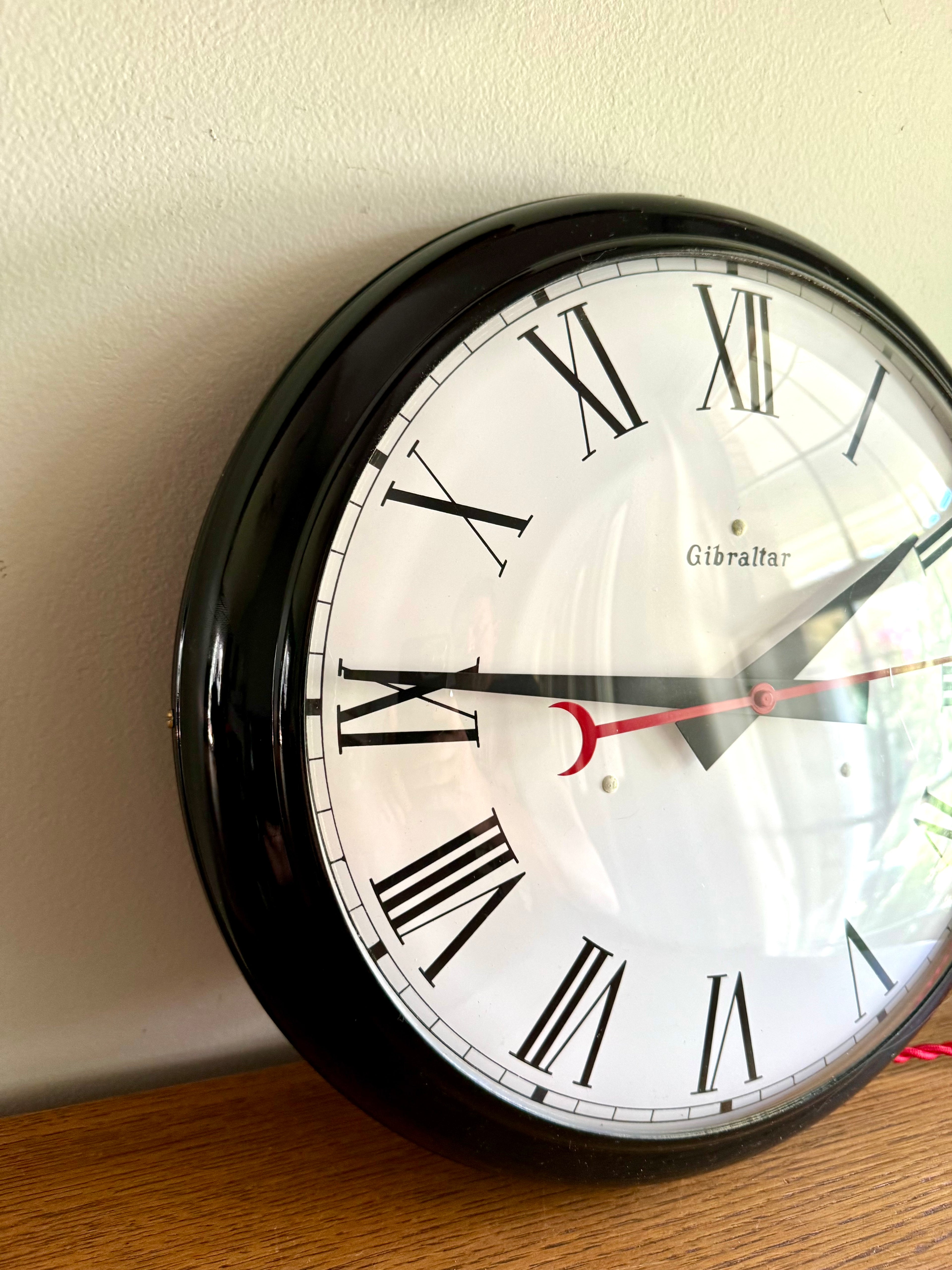 Working Gibraltar No.72  Wall Clock | Classic Industrial Wall Clock | Black Round School Wall Clock | Rewired Metal and Bubble Glass Clock