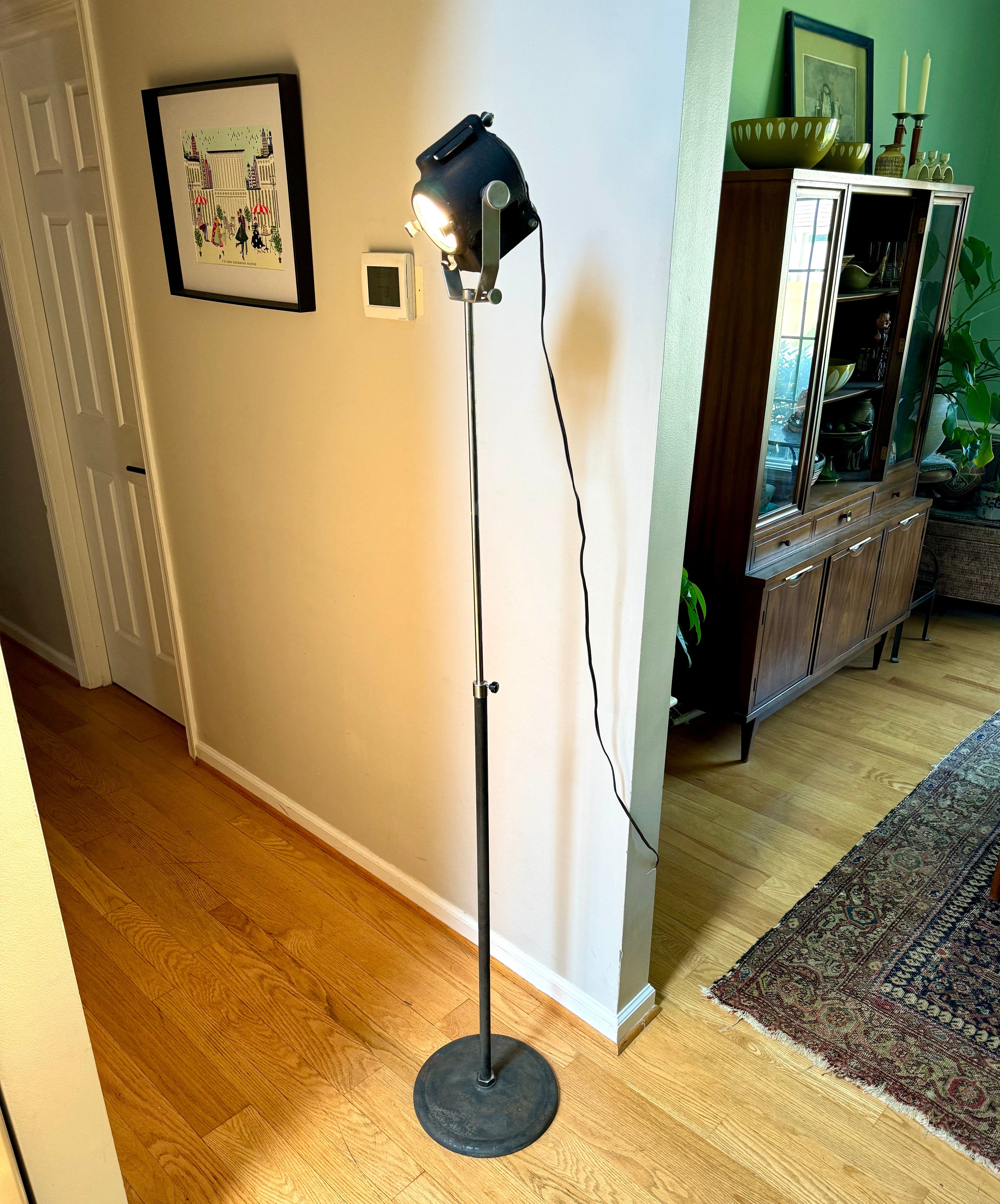 1930's Cycon Theater Stage Light with Fresnel Lens | Cycon Theater Spot Light on Telescoping Stand | Metal Stage Floor Lamp| Industrial Lamp