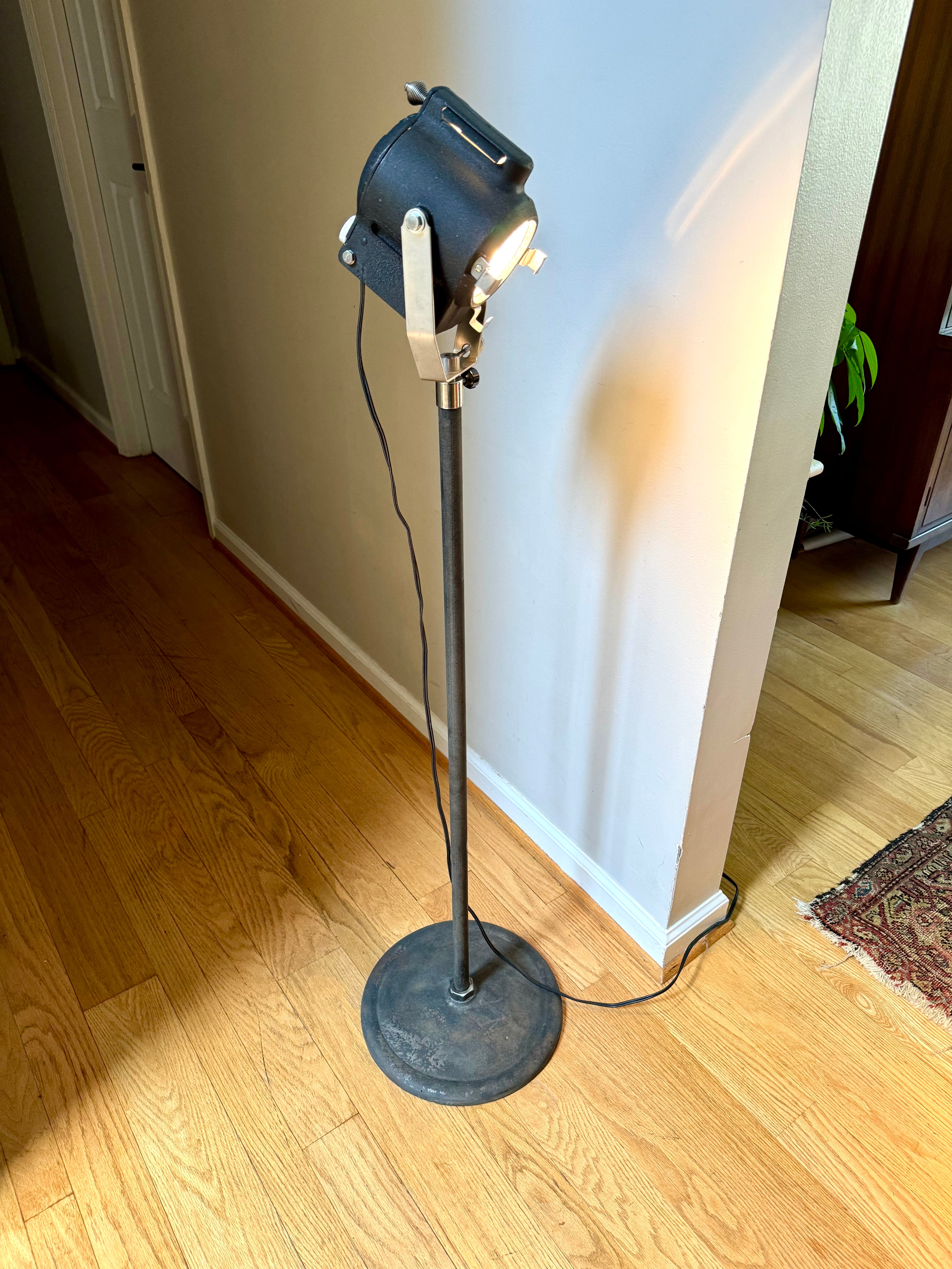 1930's Cycon Theater Stage Light with Fresnel Lens | Cycon Theater Spot Light on Telescoping Stand | Metal Stage Floor Lamp| Industrial Lamp