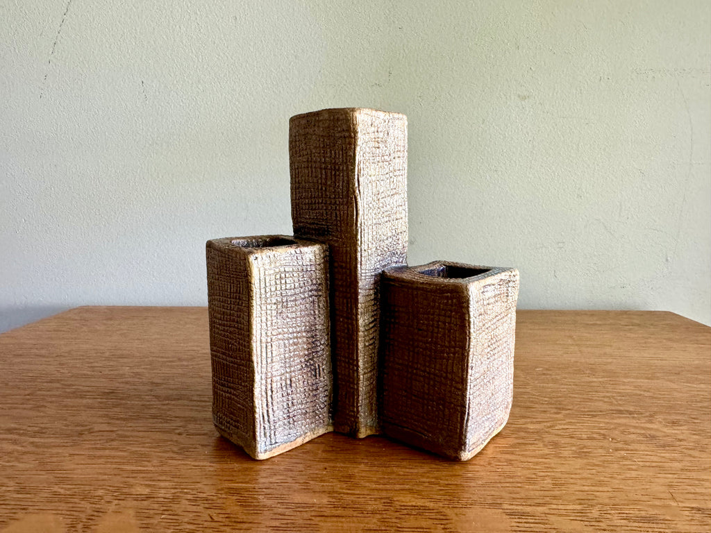 A vintage 3 Tier Pottery Vase | Mid Century Vase Sculpture | Signed Tiered Rectangular Vase | Handmade Sculpted Pottery Vase