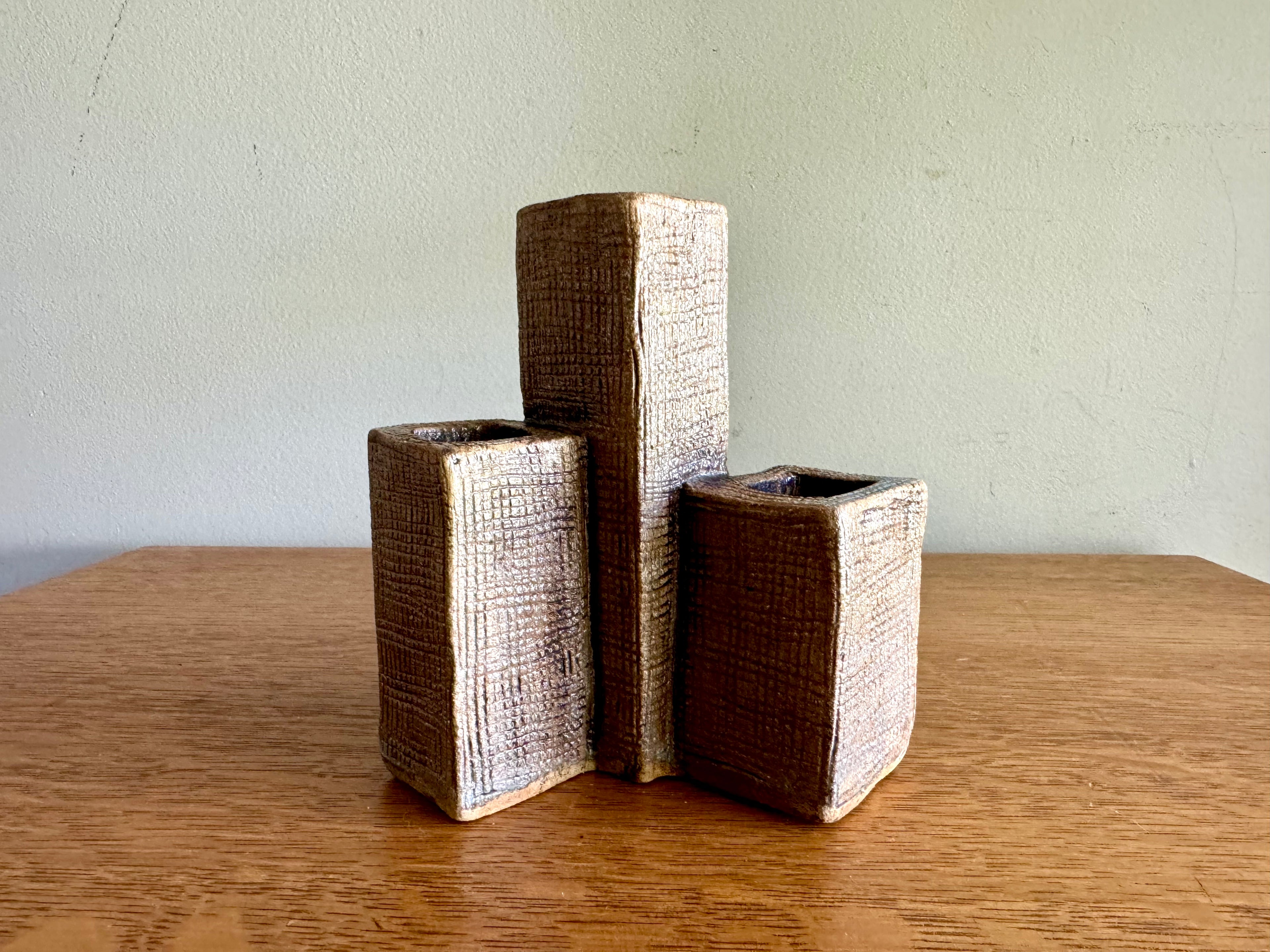 A vintage 3 Tier Pottery Vase | Mid Century Vase Sculpture | Signed Tiered Rectangular Vase | Handmade Sculpted Pottery Vase