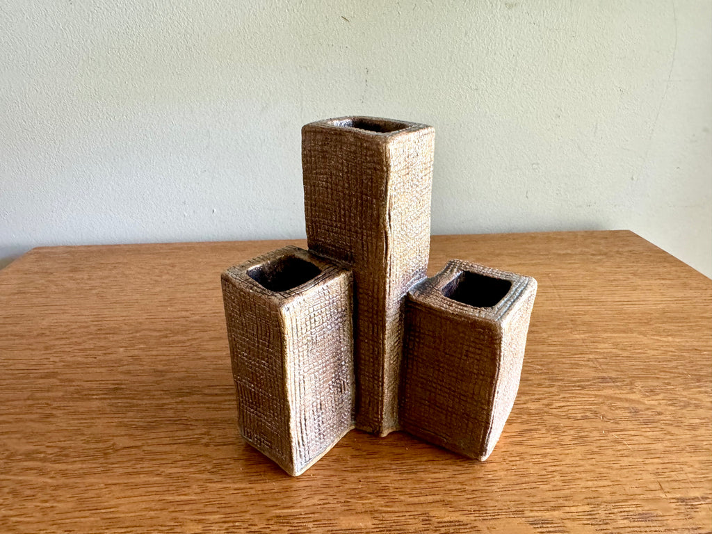 A vintage 3 Tier Pottery Vase | Mid Century Vase Sculpture | Signed Tiered Rectangular Vase | Handmade Sculpted Pottery Vase