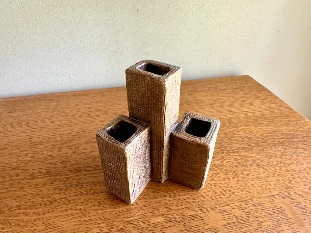A vintage 3 Tier Pottery Vase | Mid Century Vase Sculpture | Signed Tiered Rectangular Vase | Handmade Sculpted Pottery Vase