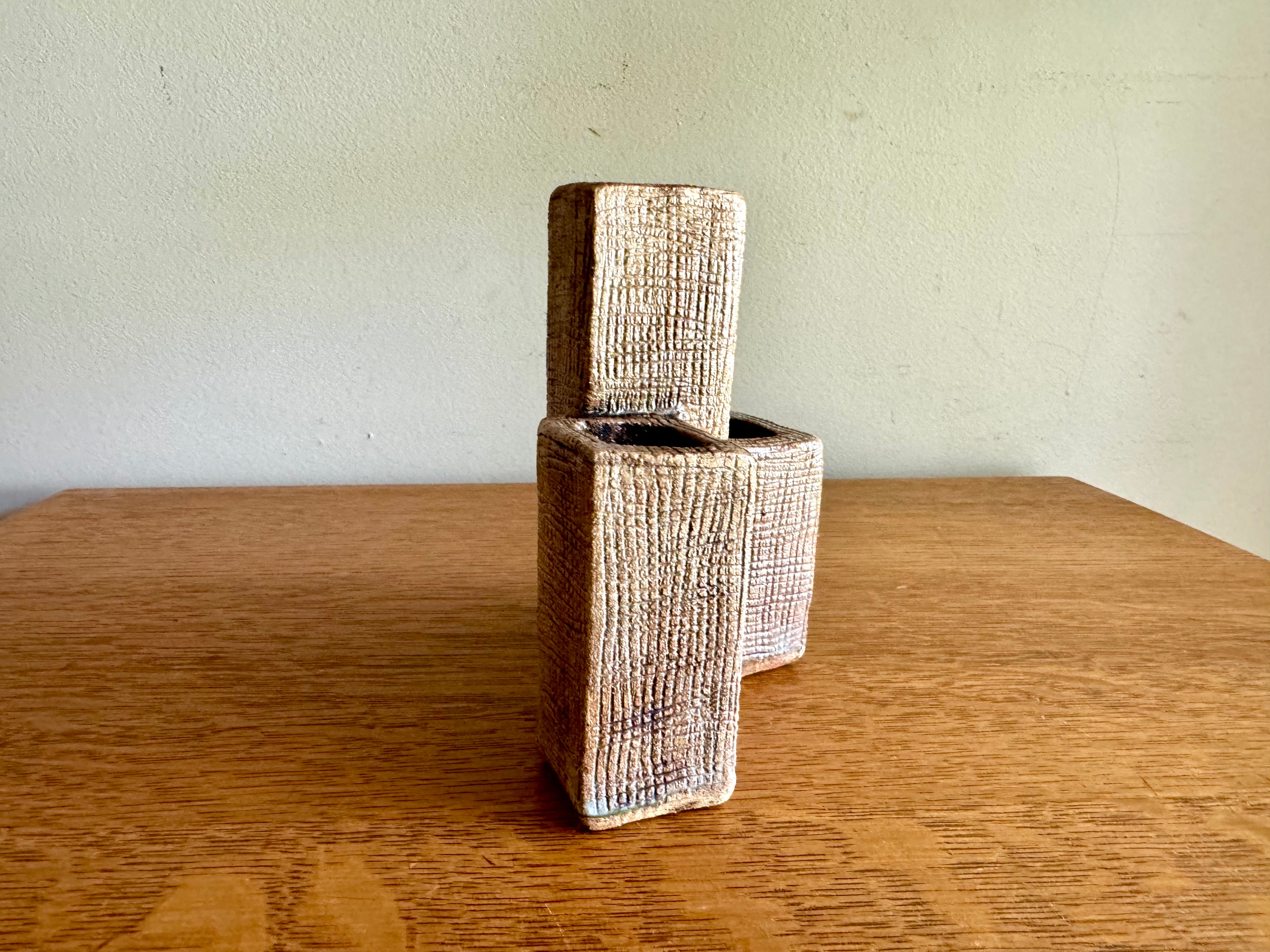 A vintage 3 Tier Pottery Vase | Mid Century Vase Sculpture | Signed Tiered Rectangular Vase | Handmade Sculpted Pottery Vase