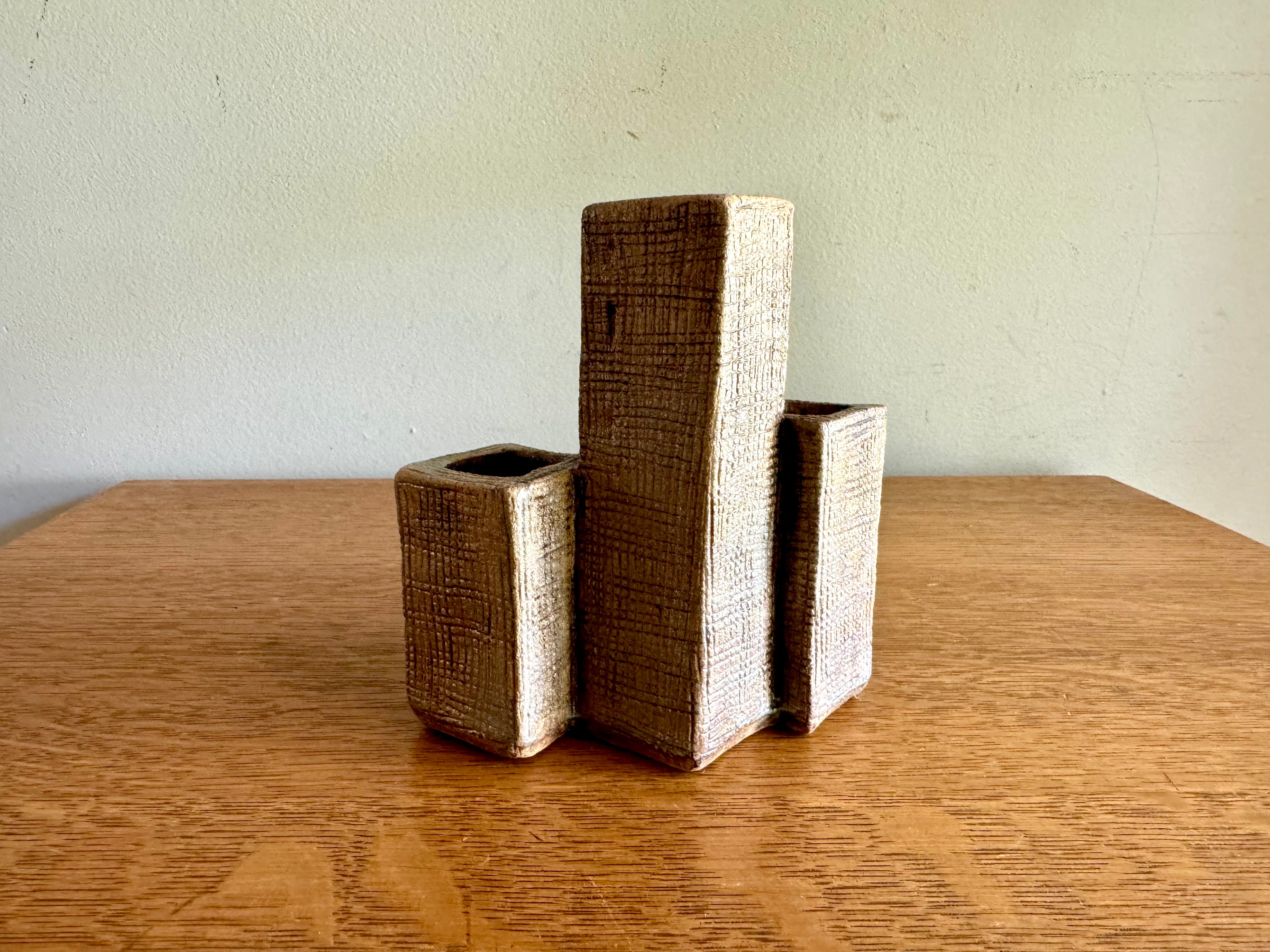 A vintage 3 Tier Pottery Vase | Mid Century Vase Sculpture | Signed Tiered Rectangular Vase | Handmade Sculpted Pottery Vase