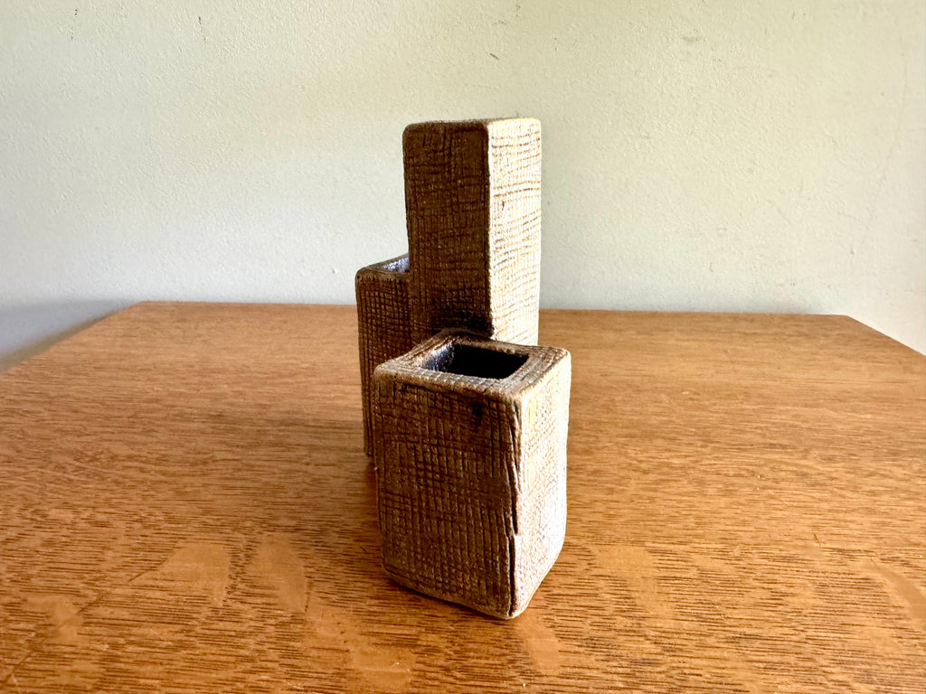A vintage 3 Tier Pottery Vase | Mid Century Vase Sculpture | Signed Tiered Rectangular Vase | Handmade Sculpted Pottery Vase