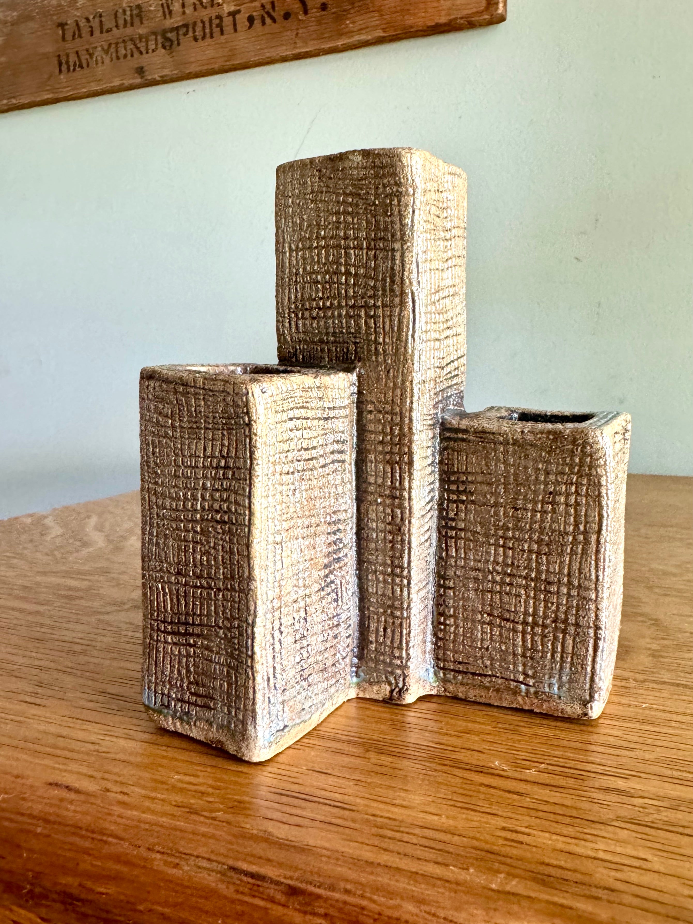 A vintage 3 Tier Pottery Vase | Mid Century Vase Sculpture | Signed Tiered Rectangular Vase | Handmade Sculpted Pottery Vase