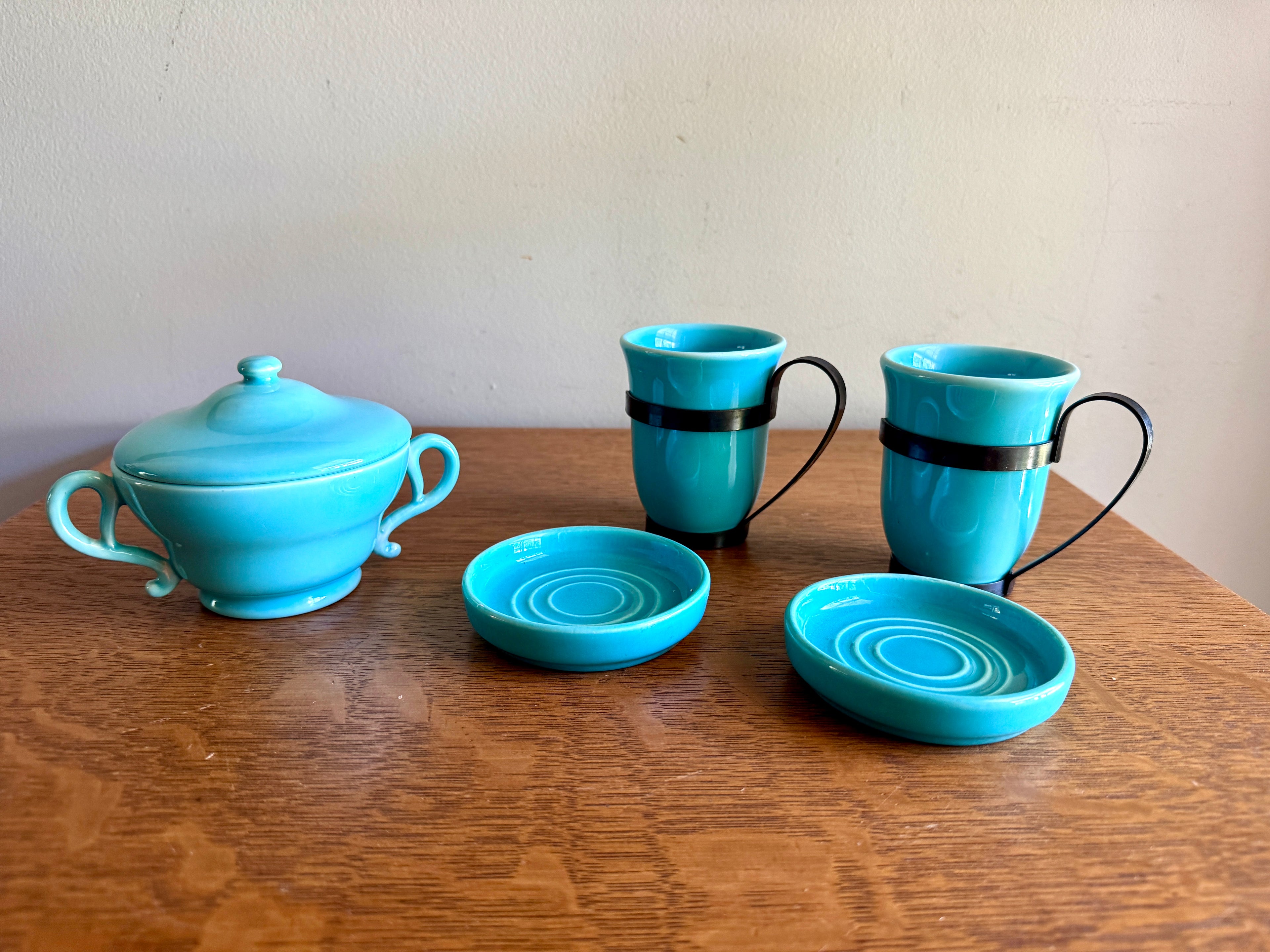 Vintage Franciscan Turquoise El Patio Mugs Set with Sugar Bowl ~ MCM Franciscan Tea Set