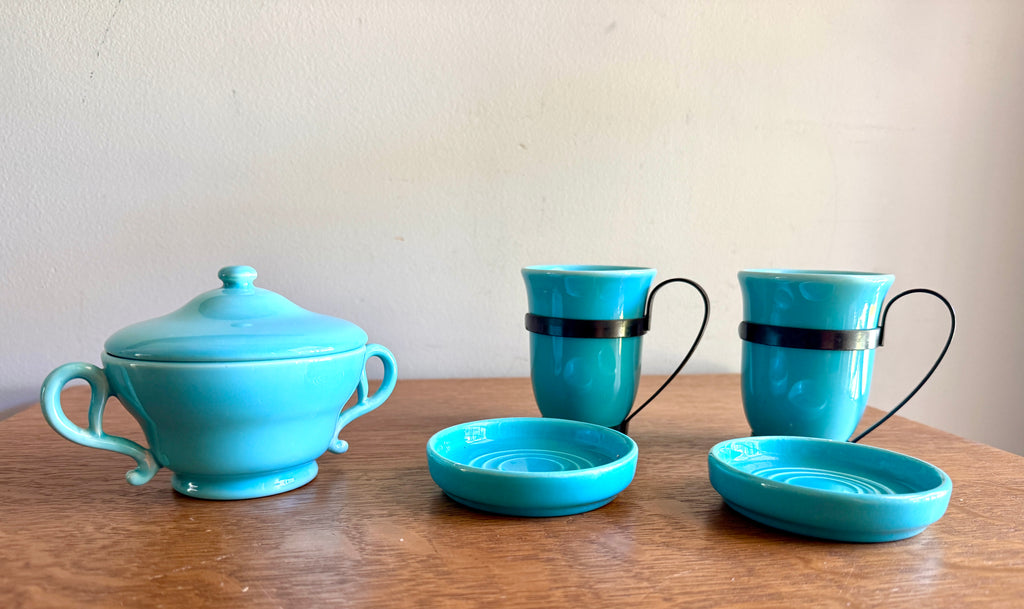 Vintage Franciscan Turquoise El Patio Mugs Set with Sugar Bowl ~ MCM Franciscan Tea Set
