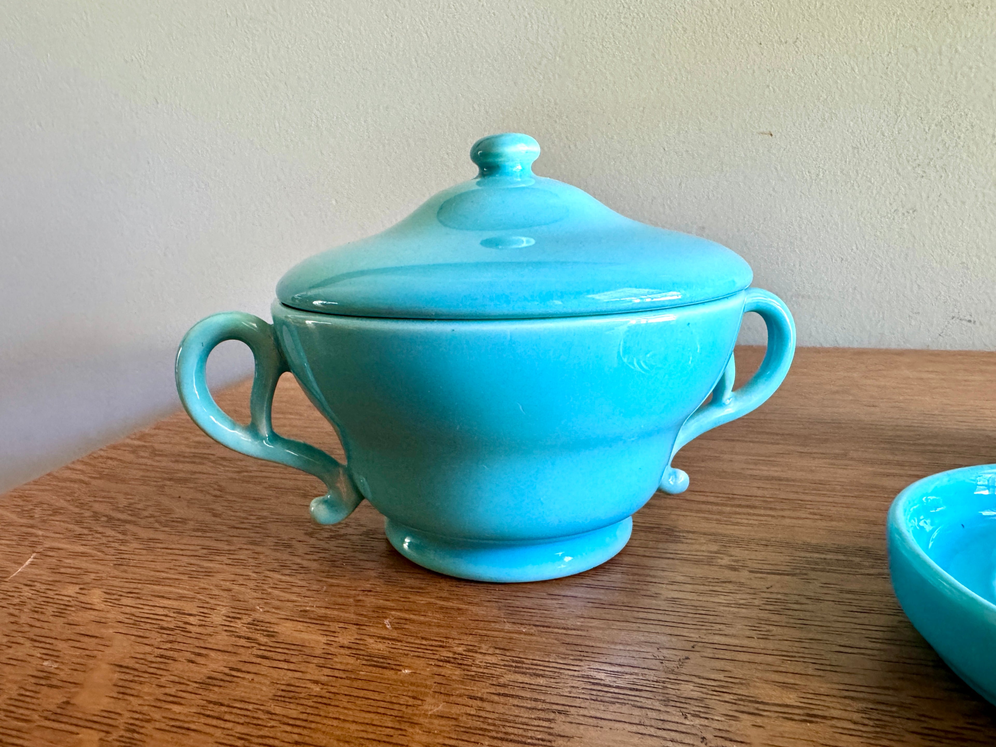 Vintage Franciscan Turquoise El Patio Mugs Set with Sugar Bowl ~ MCM Franciscan Tea Set