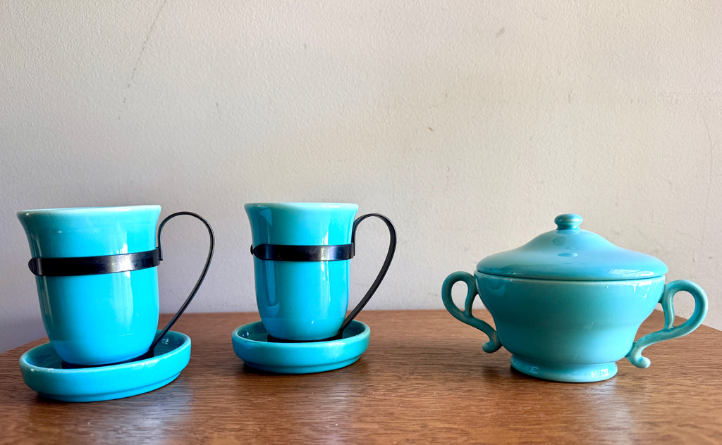 Vintage Franciscan Turquoise El Patio Mugs Set with Sugar Bowl ~ MCM Franciscan Tea Set