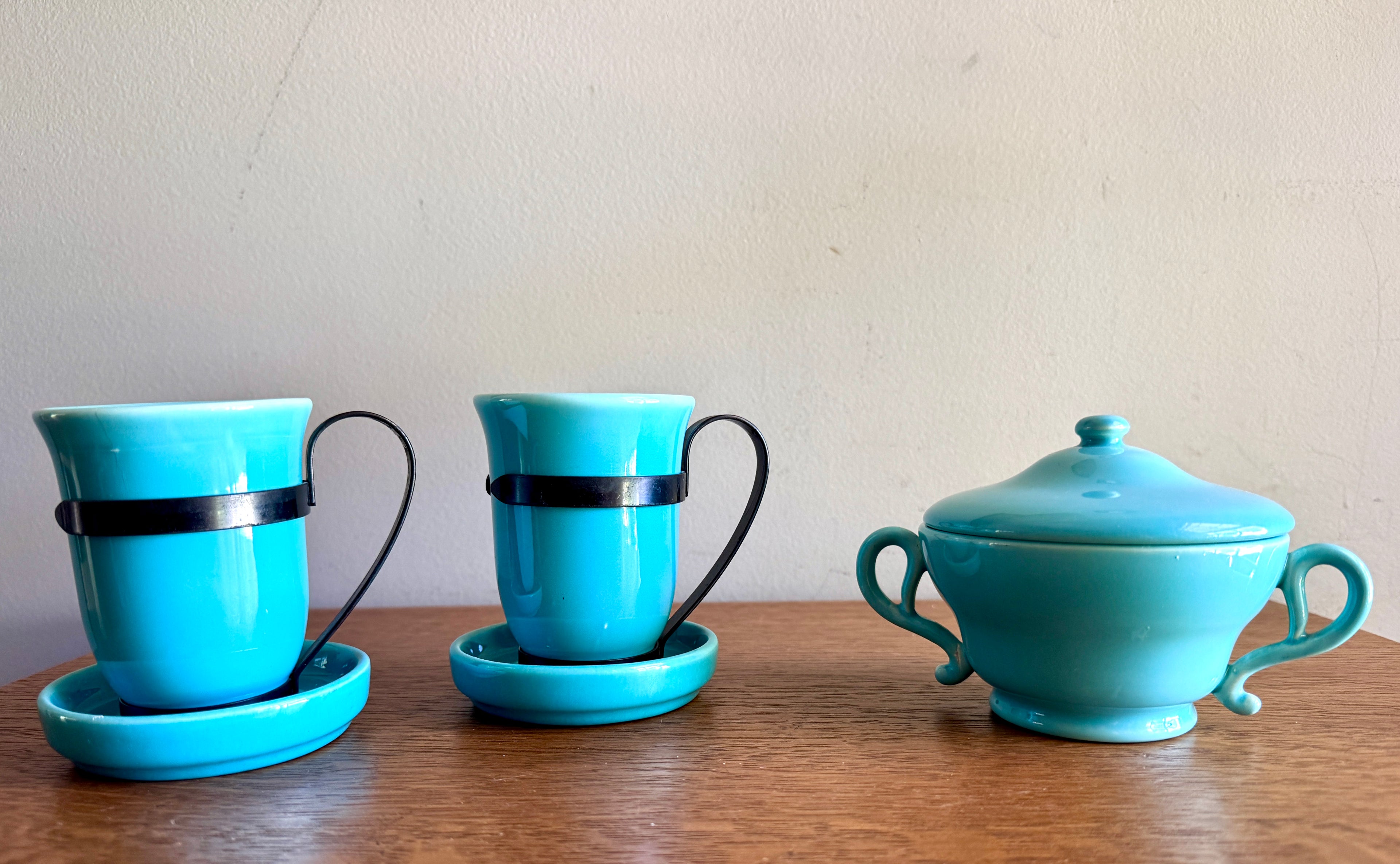 Vintage Franciscan Turquoise El Patio Mugs Set with Sugar Bowl ~ MCM Franciscan Tea Set