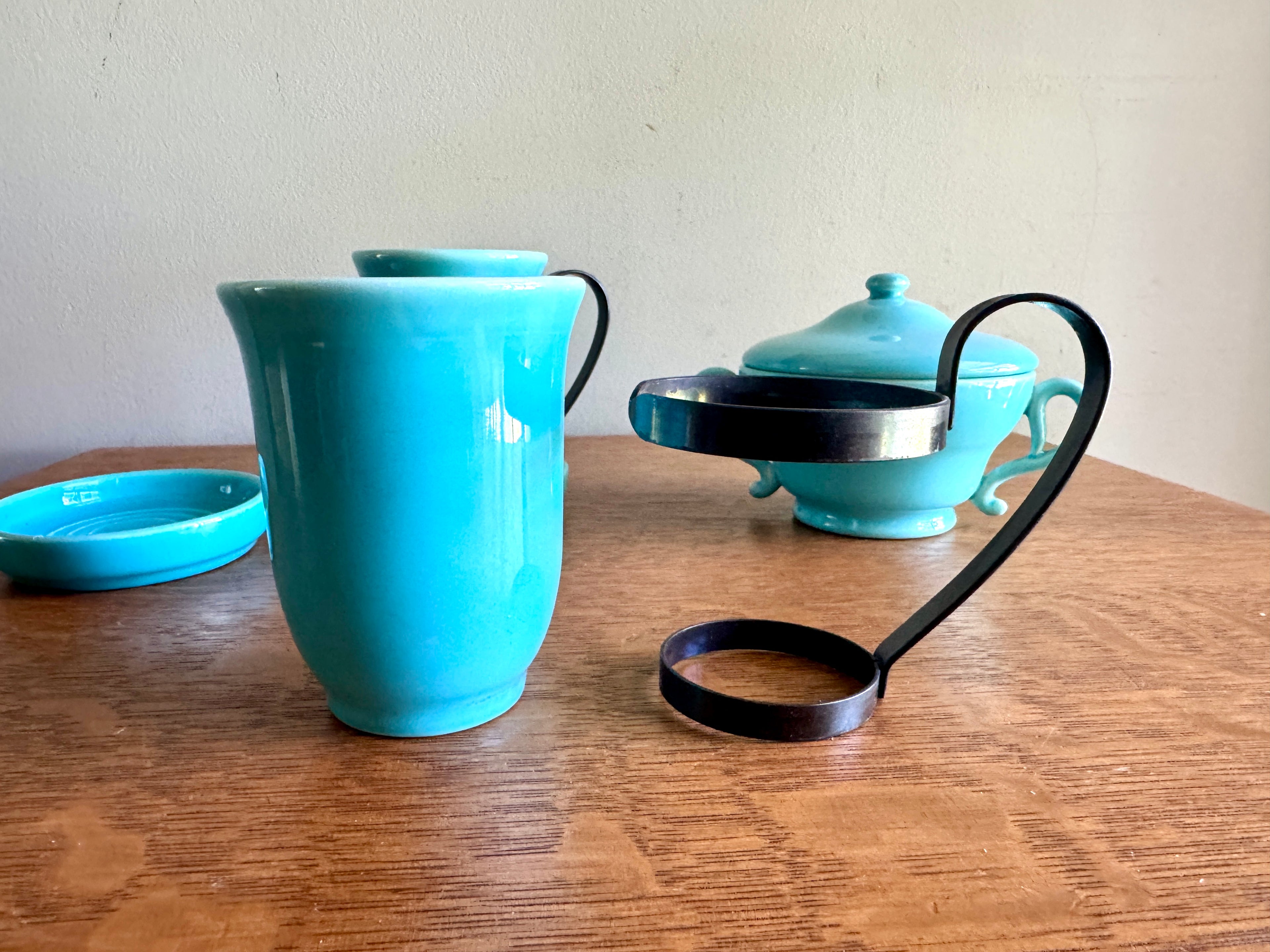 Vintage Franciscan Turquoise El Patio Mugs Set with Sugar Bowl ~ MCM Franciscan Tea Set