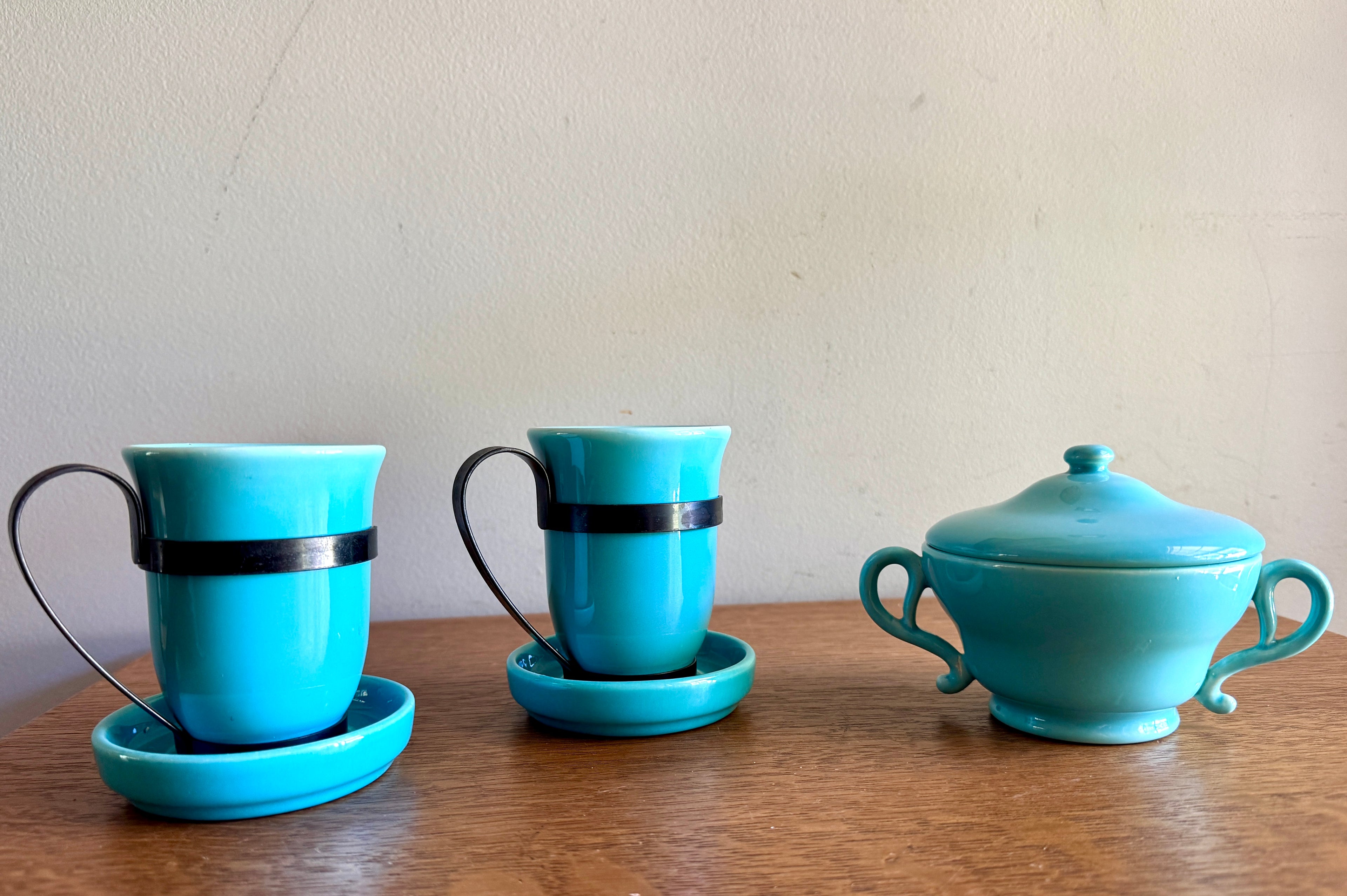 Vintage Franciscan Turquoise El Patio Mugs Set with Sugar Bowl ~ MCM Franciscan Tea Set