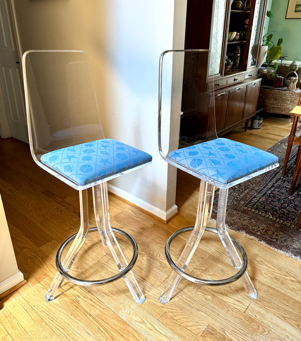70's Pair of Lucite Swivel Bar Stools Attributed to Hill Manufacturing ~ MCM Clear Lucite Barstools