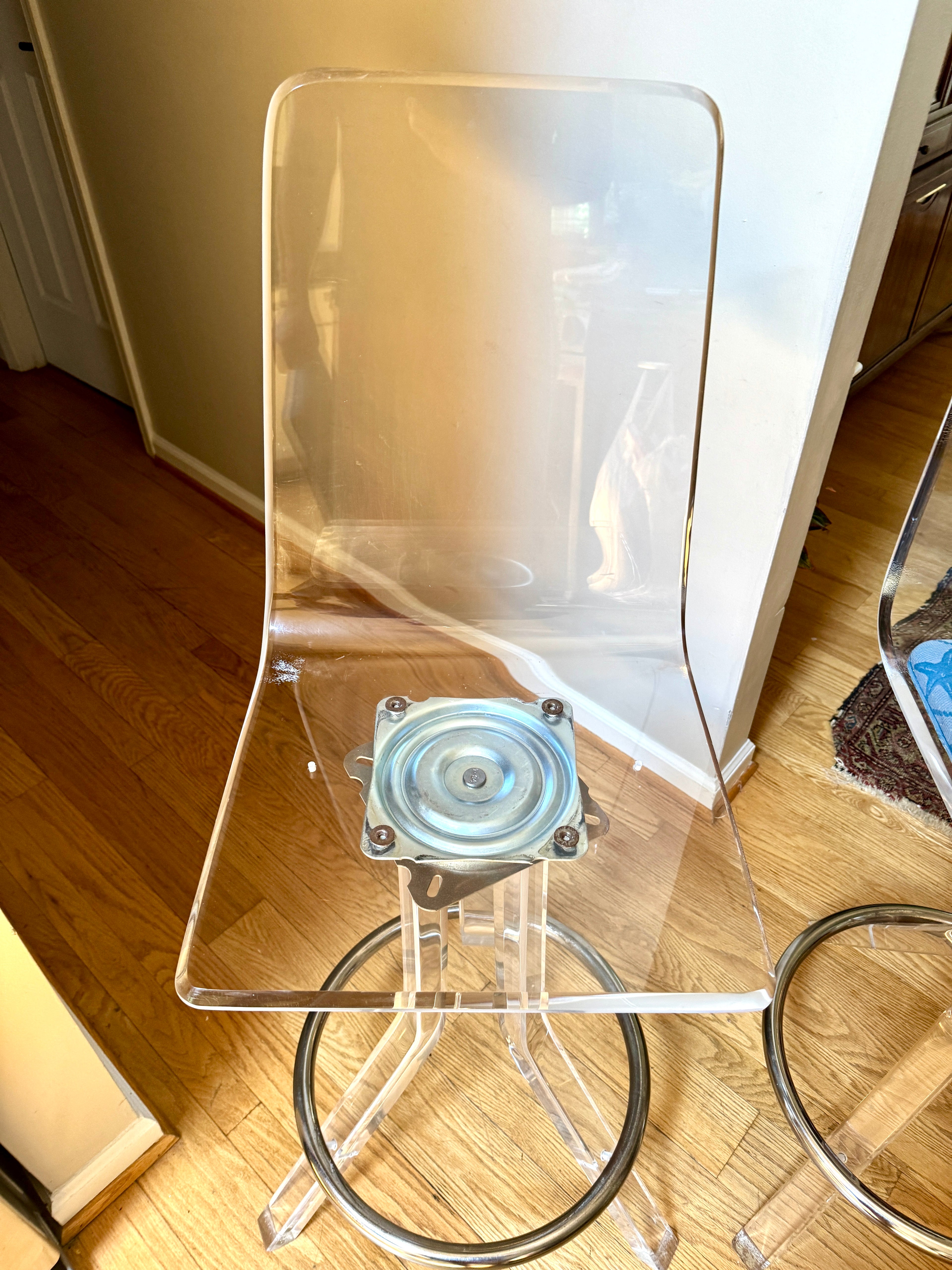 70's Pair of Lucite Swivel Bar Stools Attributed to Hill Manufacturing ~ MCM Clear Lucite Barstools