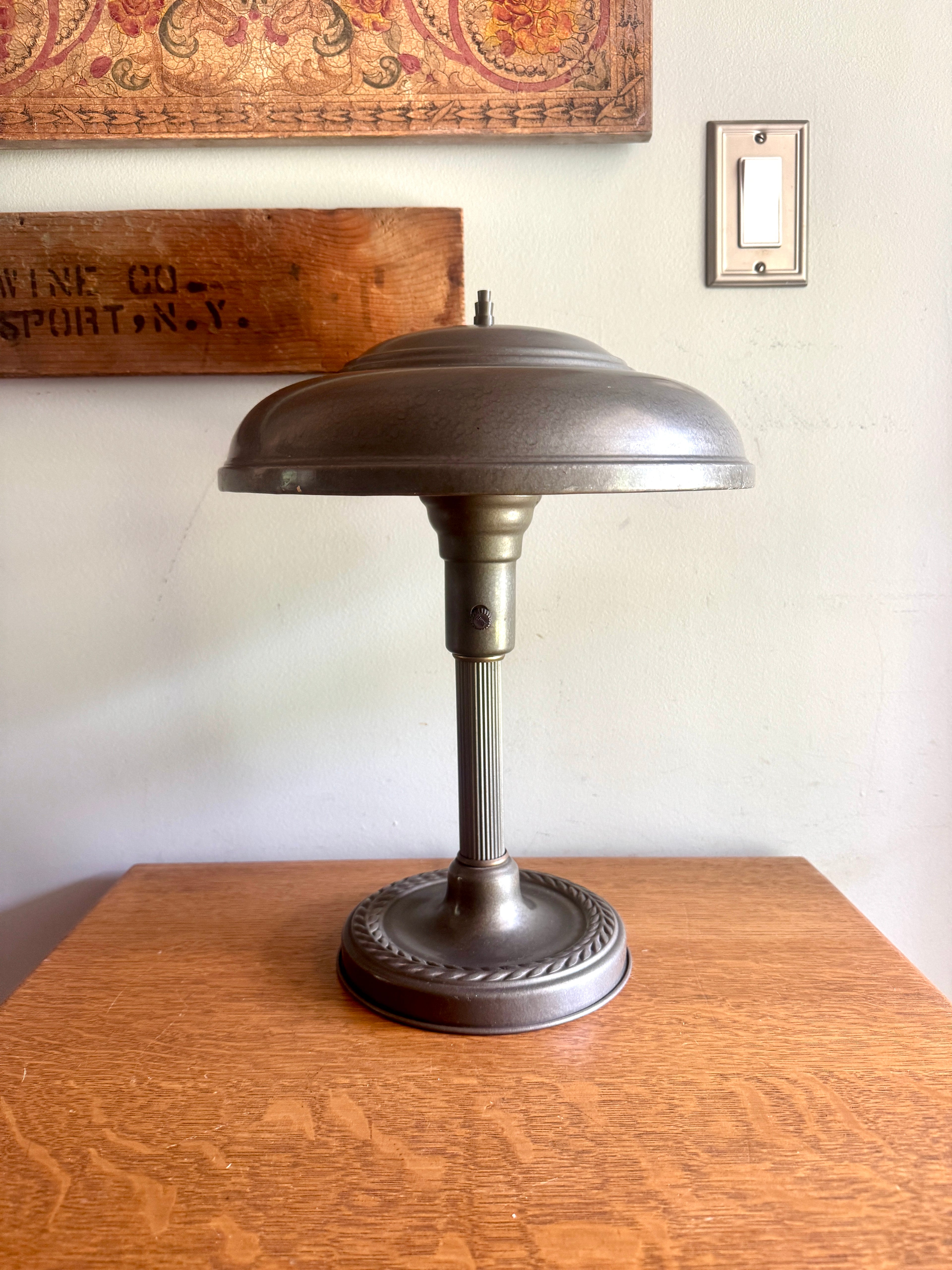 1930s Streamline Art Deco Fluted Flying Saucer Lamp ~ Machine Age Metal UFO Lamp