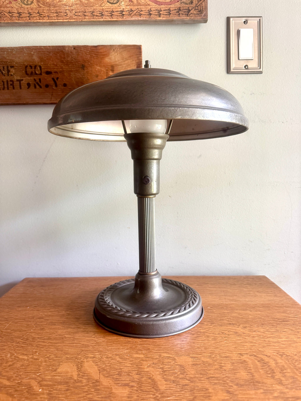 1930s Streamline Art Deco Fluted Flying Saucer Lamp ~ Machine Age Metal UFO Lamp