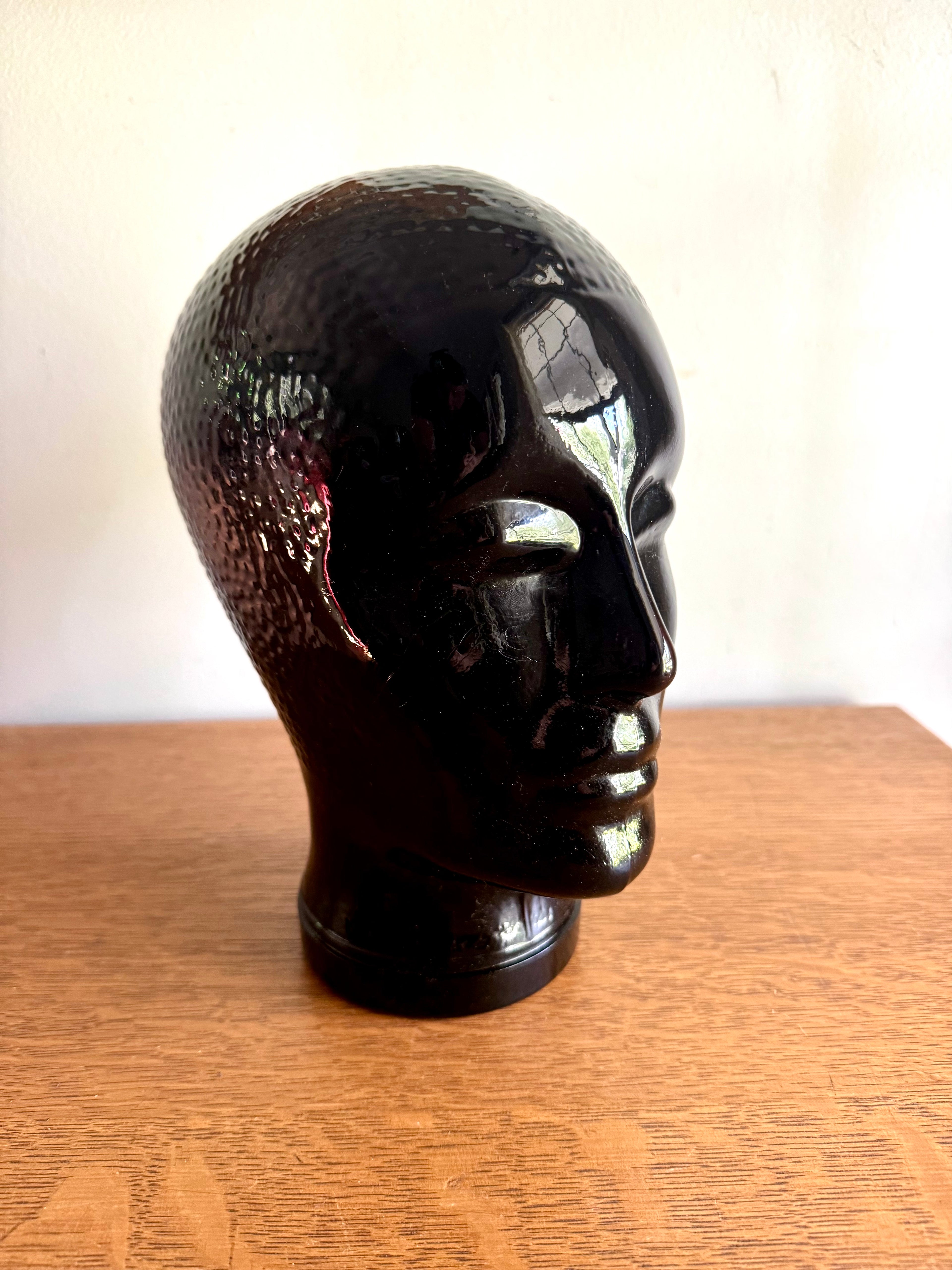 Black Glass 1960's Mannequin Head | Piero Fornasetti Glass Store Display Head | Black Glass Hat Display | Glass Head Statue | Head Figurine