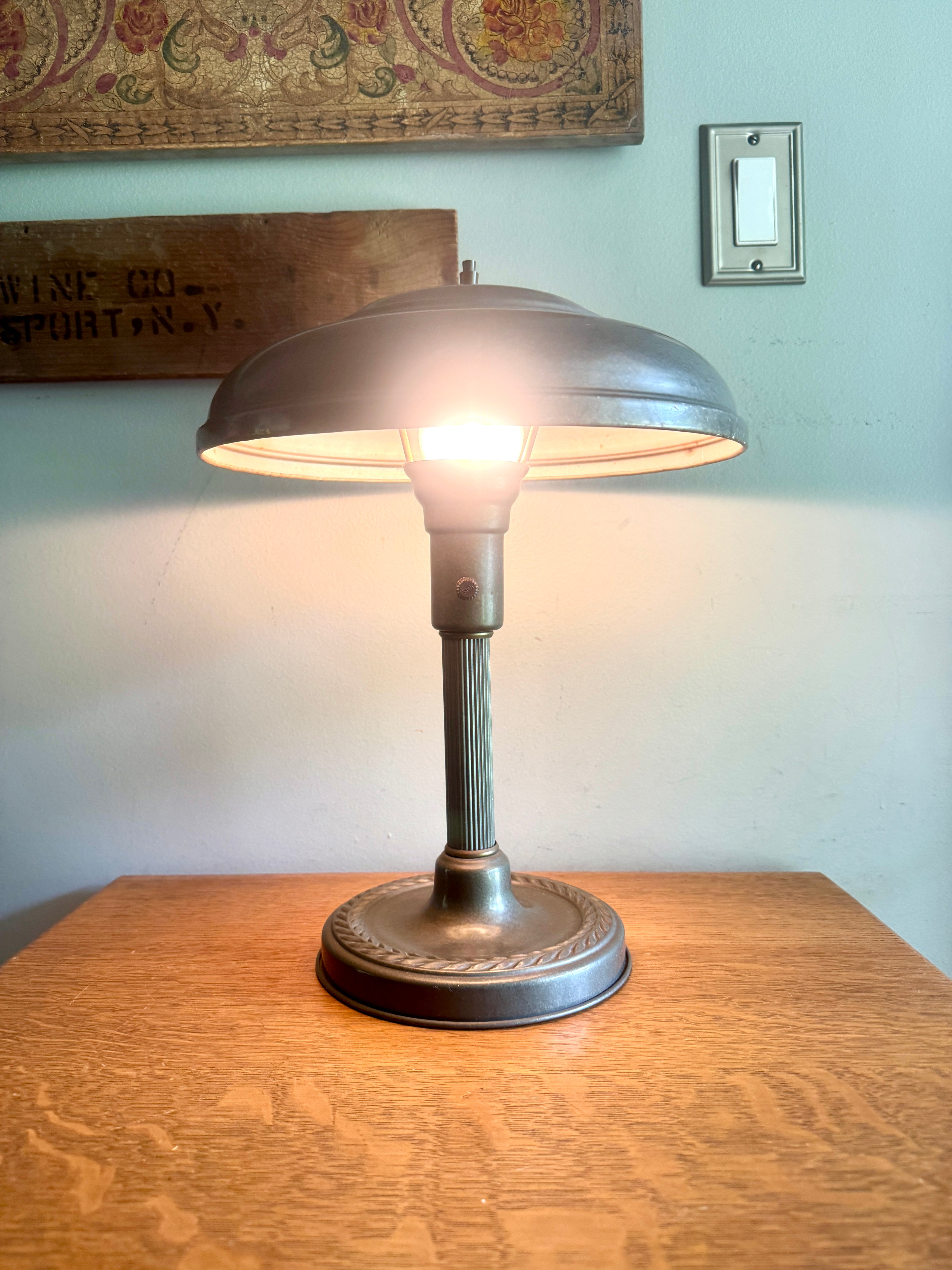 1930s Streamline Art Deco Fluted Flying Saucer Lamp ~ Machine Age Metal UFO Lamp