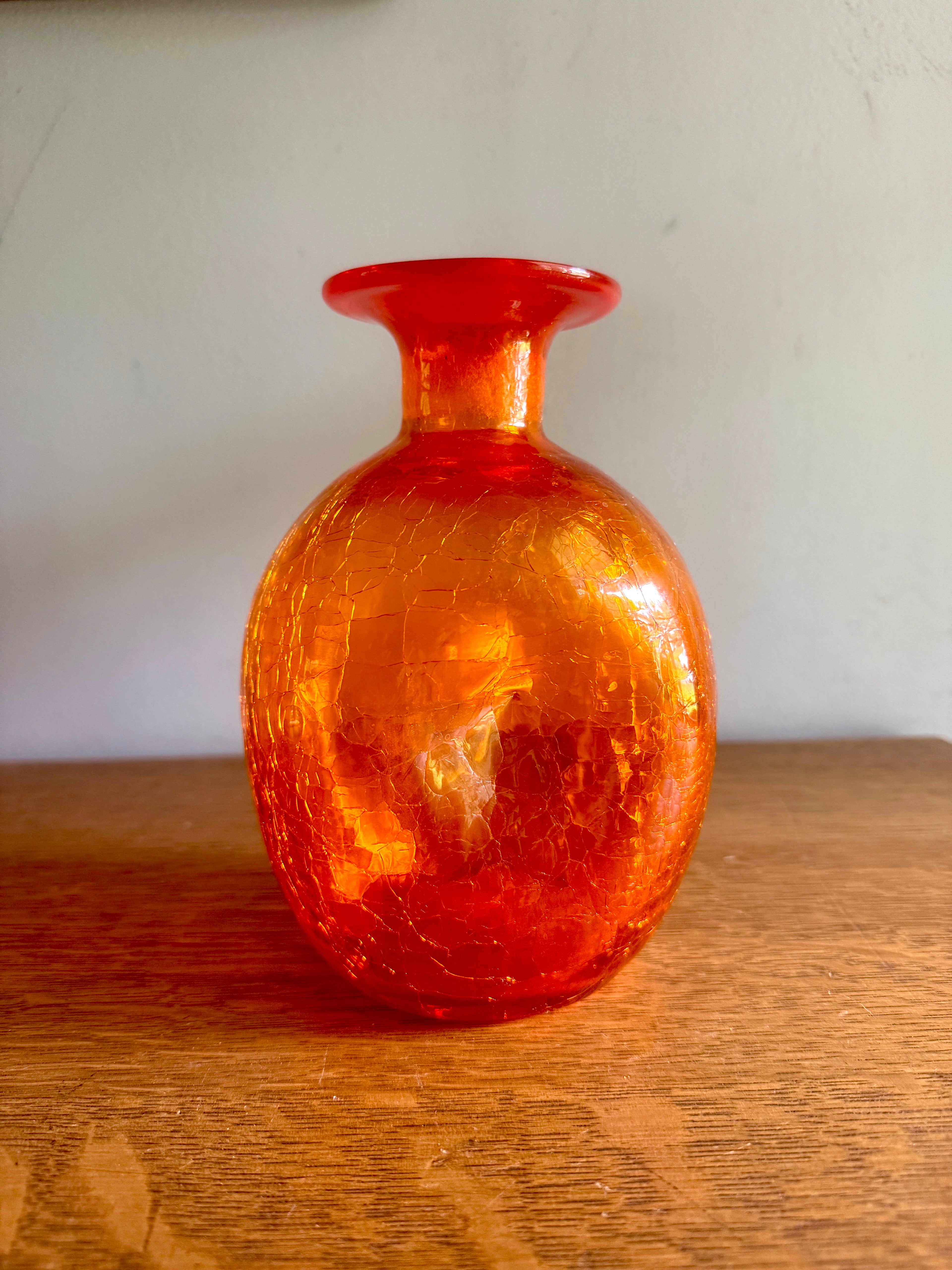 Vintage Blenko Tangerine Orange Crackle Glass Pinched Bottle Vase ~ Blenko Orange Crackle Glass Vessel