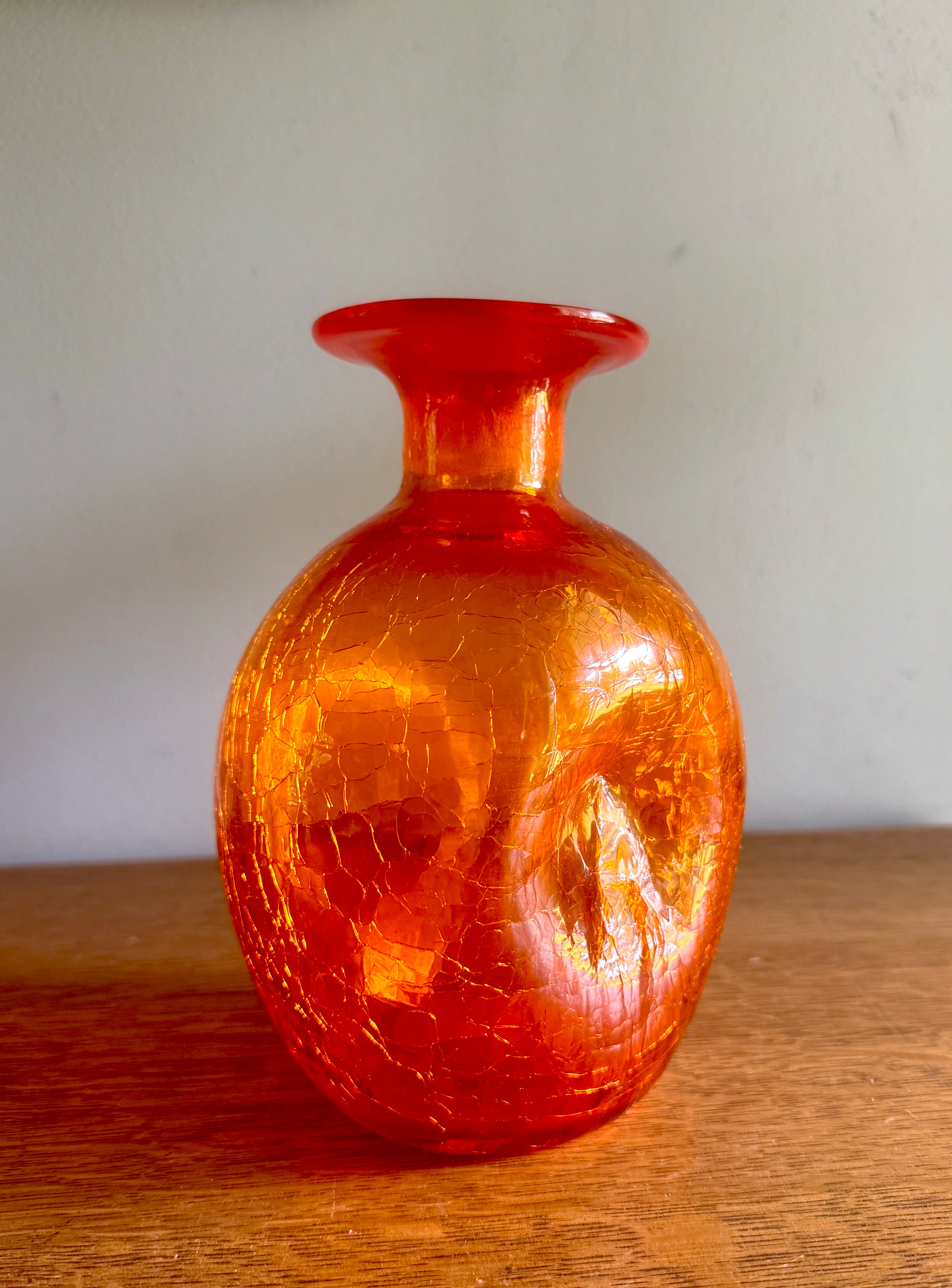 Vintage Blenko Tangerine Orange Crackle Glass Pinched Bottle Vase ~ Blenko Orange Crackle Glass Vessel