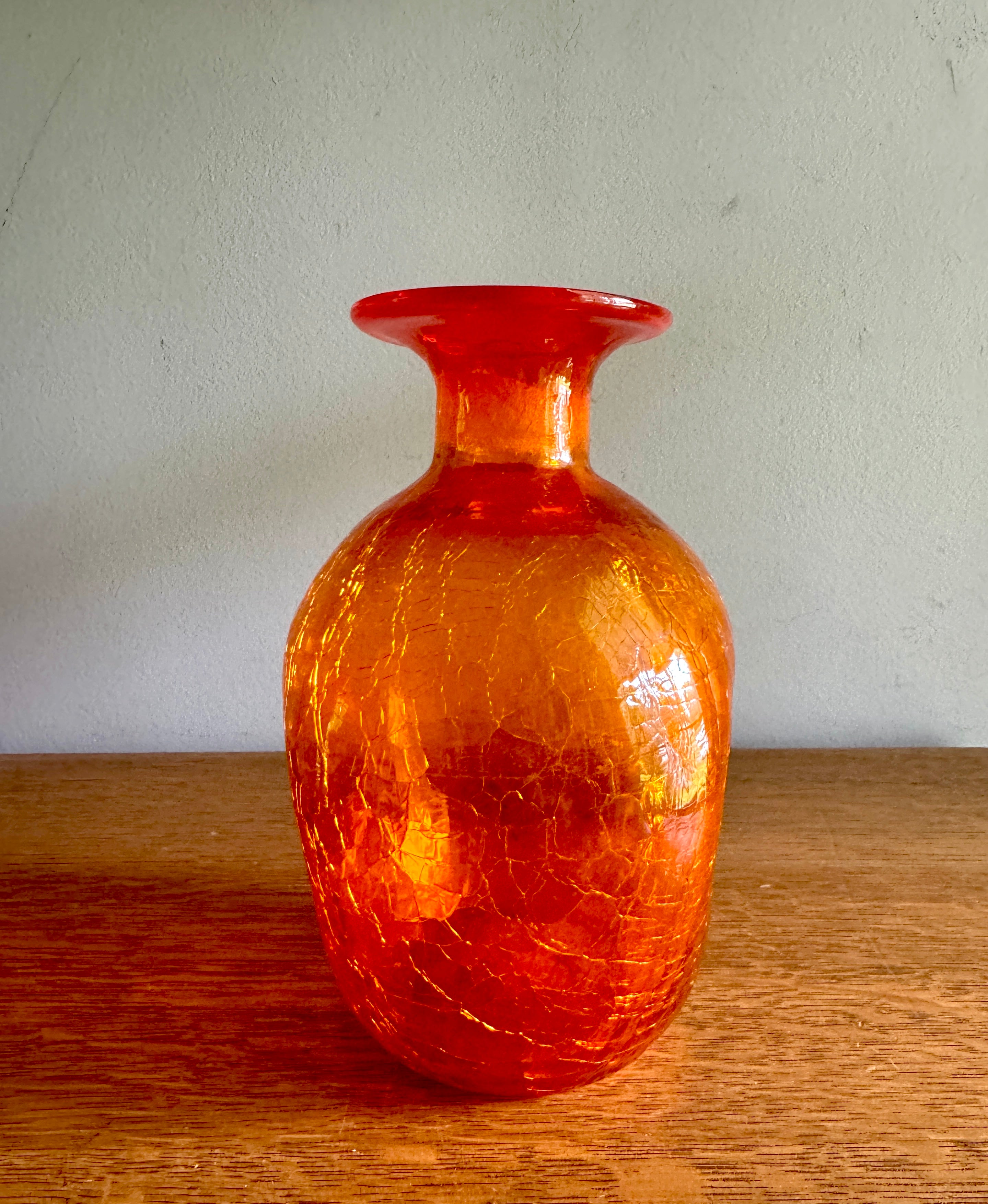Vintage Blenko Tangerine Orange Crackle Glass Pinched Bottle Vase ~ Blenko Orange Crackle Glass Vessel