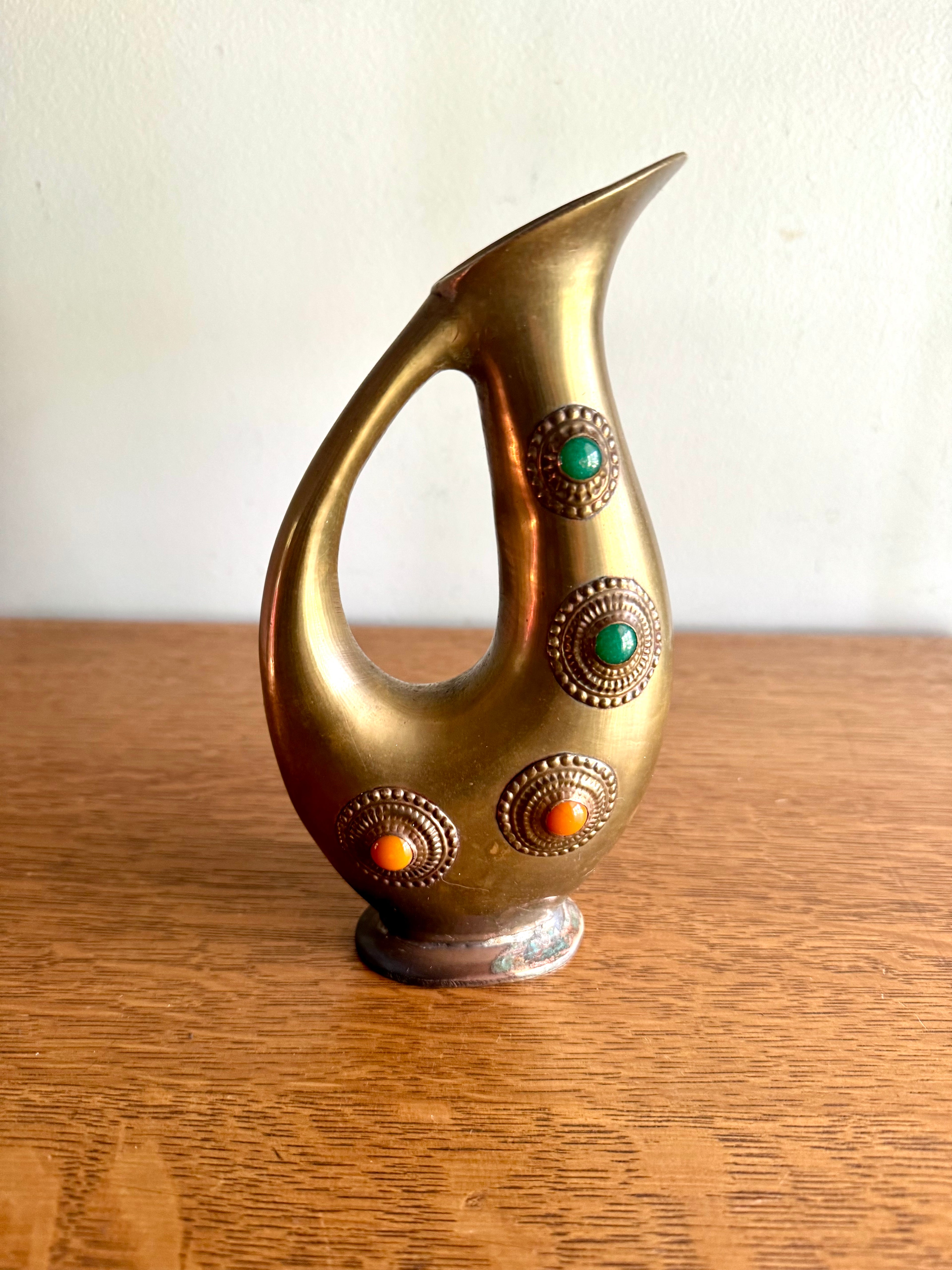 Vintage Amthor Imports Brass Jeweled Vase | Jeweled Brass Amthor Imports Pitcher | Middle Eastern Ornate Brass Vase