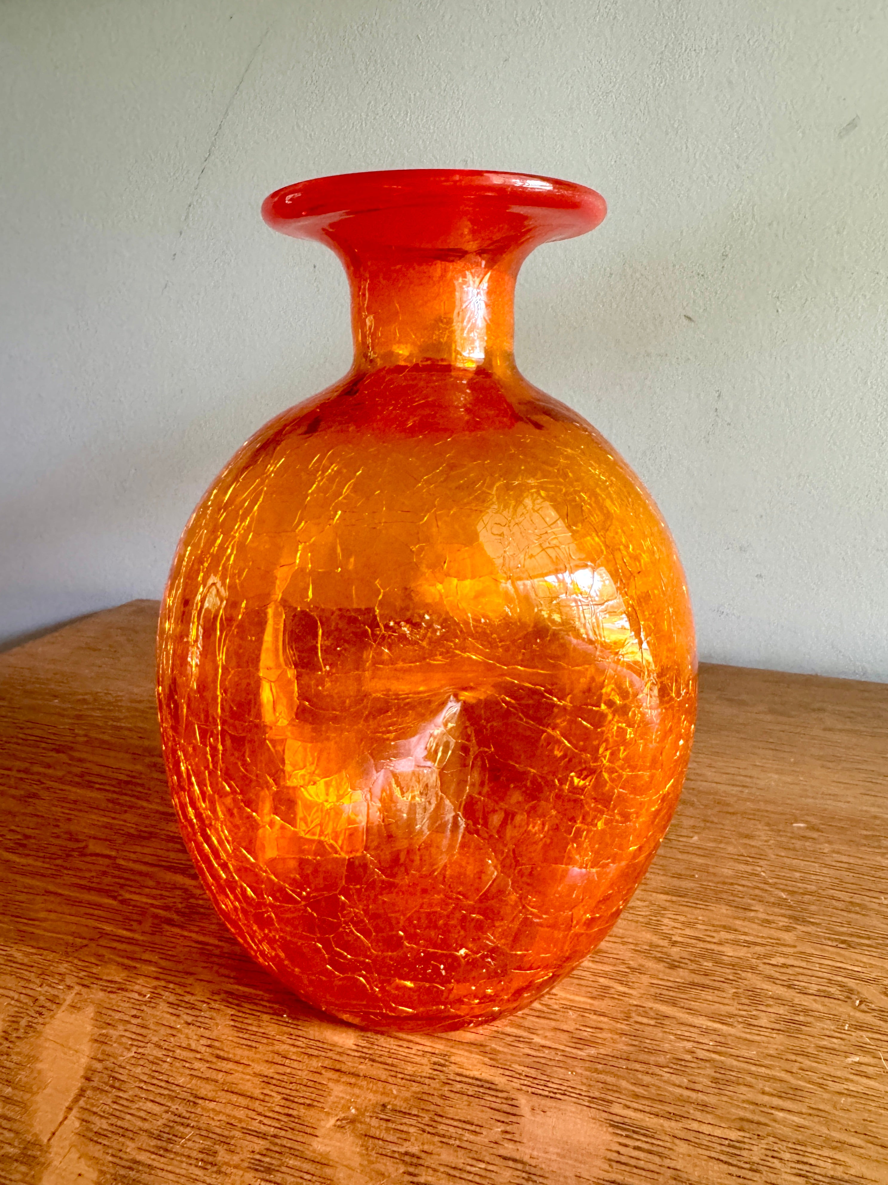 Vintage Blenko Tangerine Orange Crackle Glass Pinched Bottle Vase ~ Blenko Orange Crackle Glass Vessel