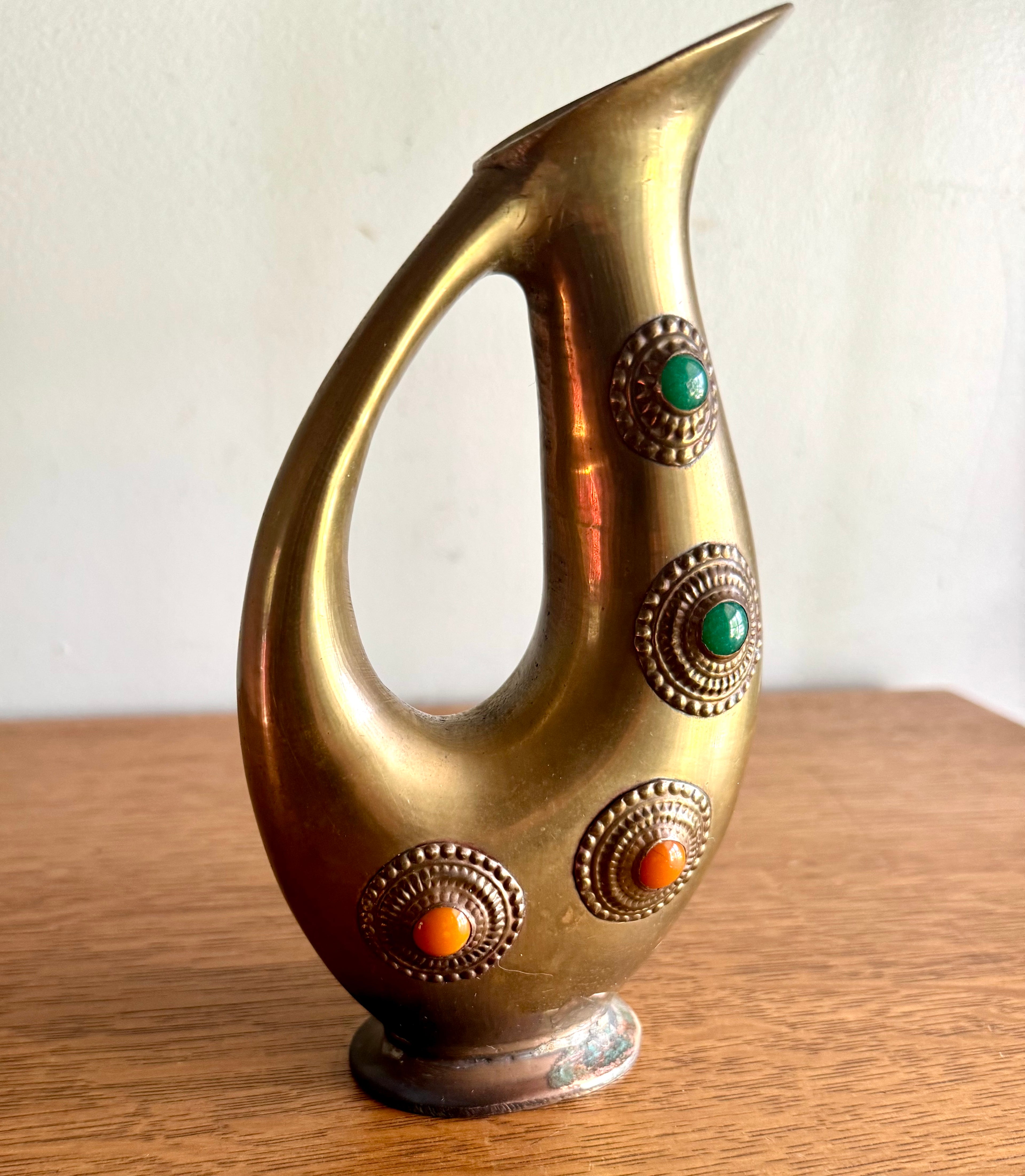 Vintage Amthor Imports Brass Jeweled Vase | Jeweled Brass Amthor Imports Pitcher | Middle Eastern Ornate Brass Vase