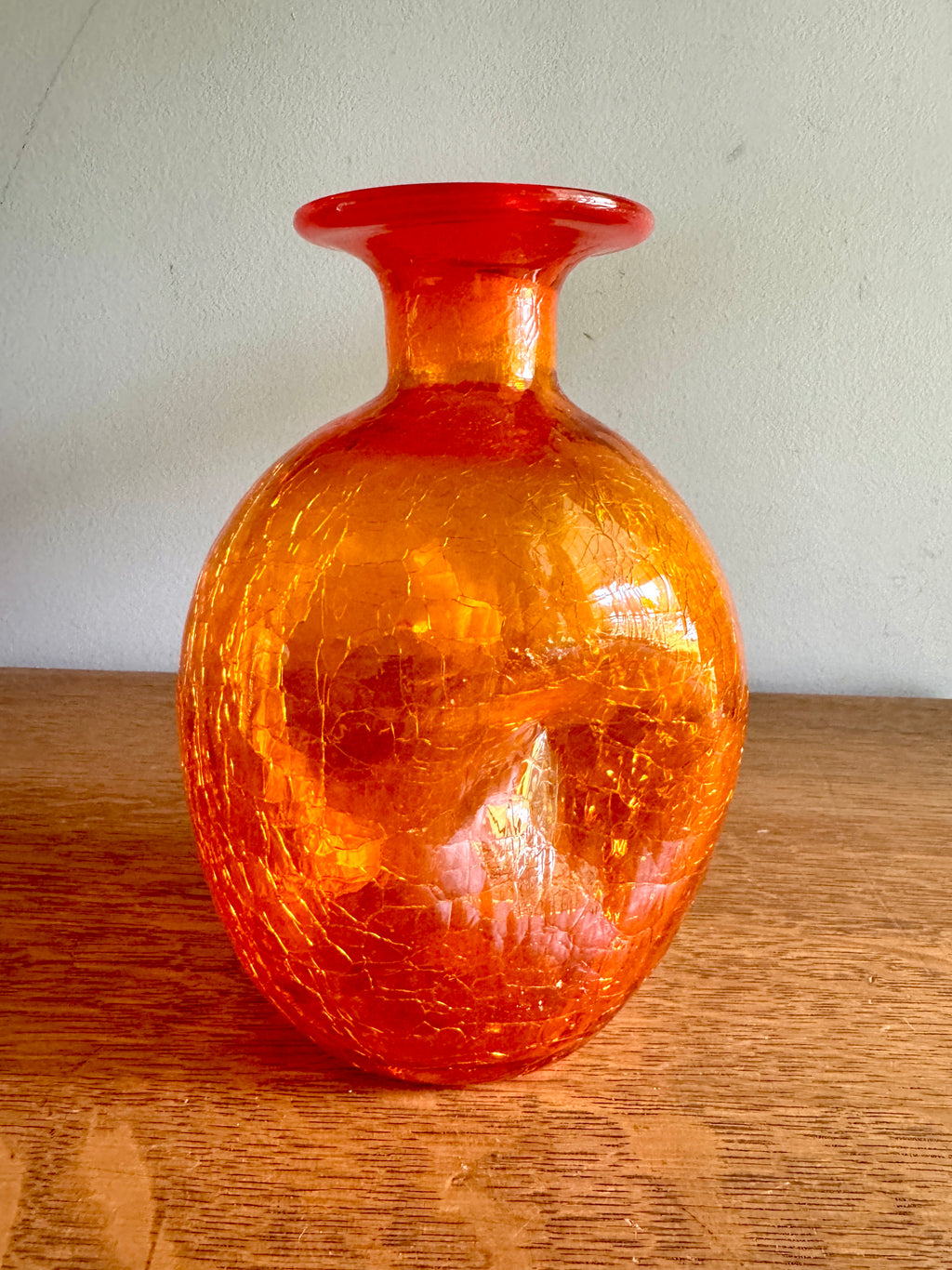 Vintage Blenko Tangerine Orange Crackle Glass Pinched Bottle Vase ~ Blenko Orange Crackle Glass Vessel