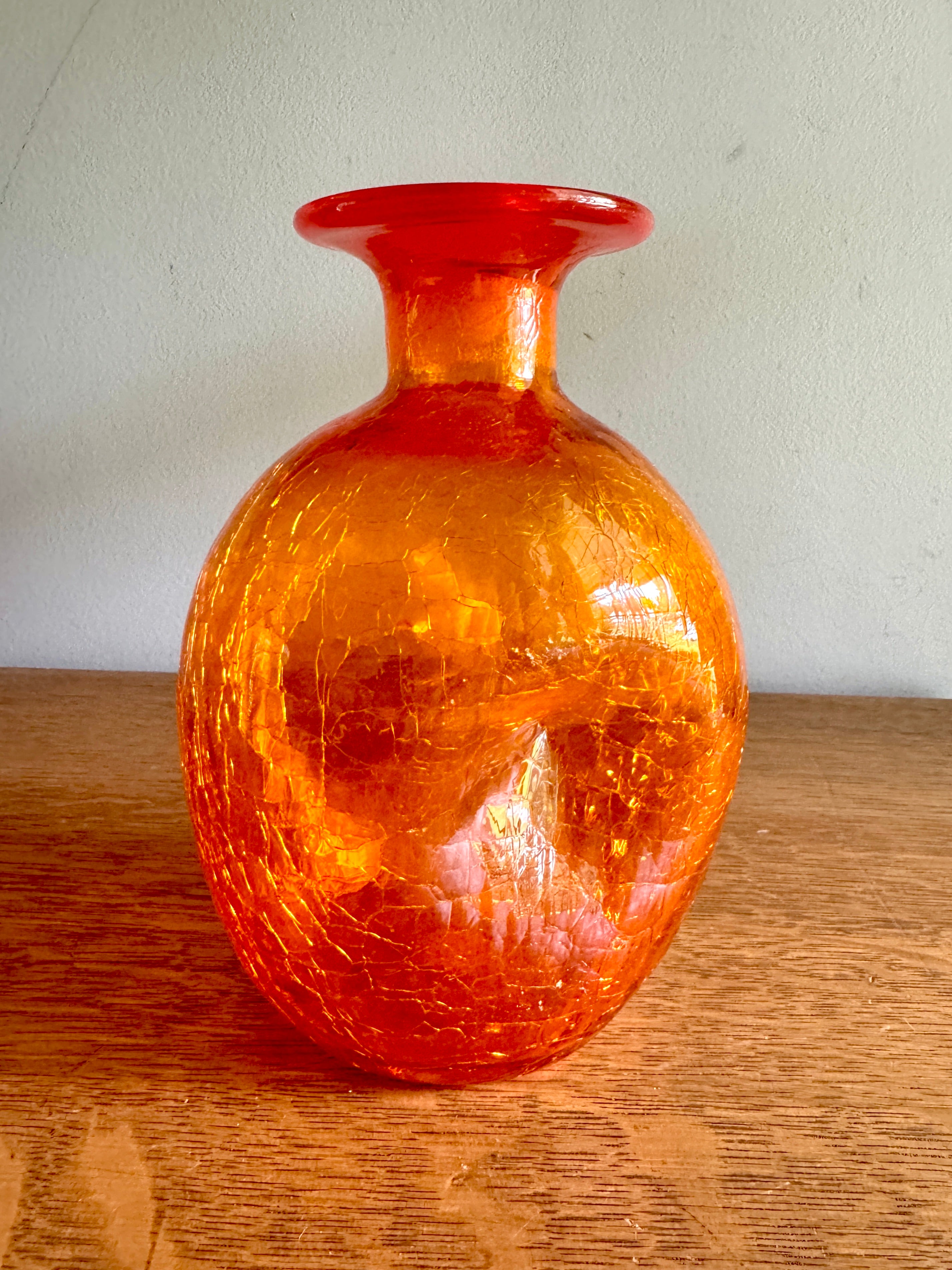 Vintage Blenko Tangerine Orange Crackle Glass Pinched Bottle Vase ~ Blenko Orange Crackle Glass Vessel