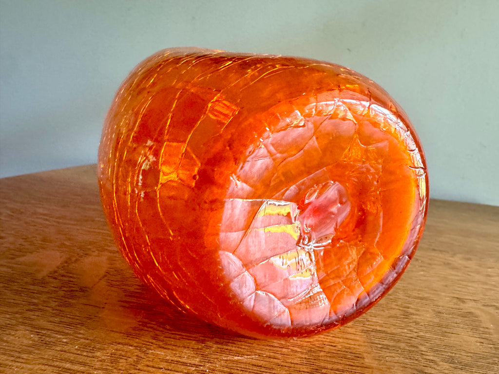 Vintage Blenko Tangerine Orange Crackle Glass Pinched Bottle Vase ~ Blenko Orange Crackle Glass Vessel