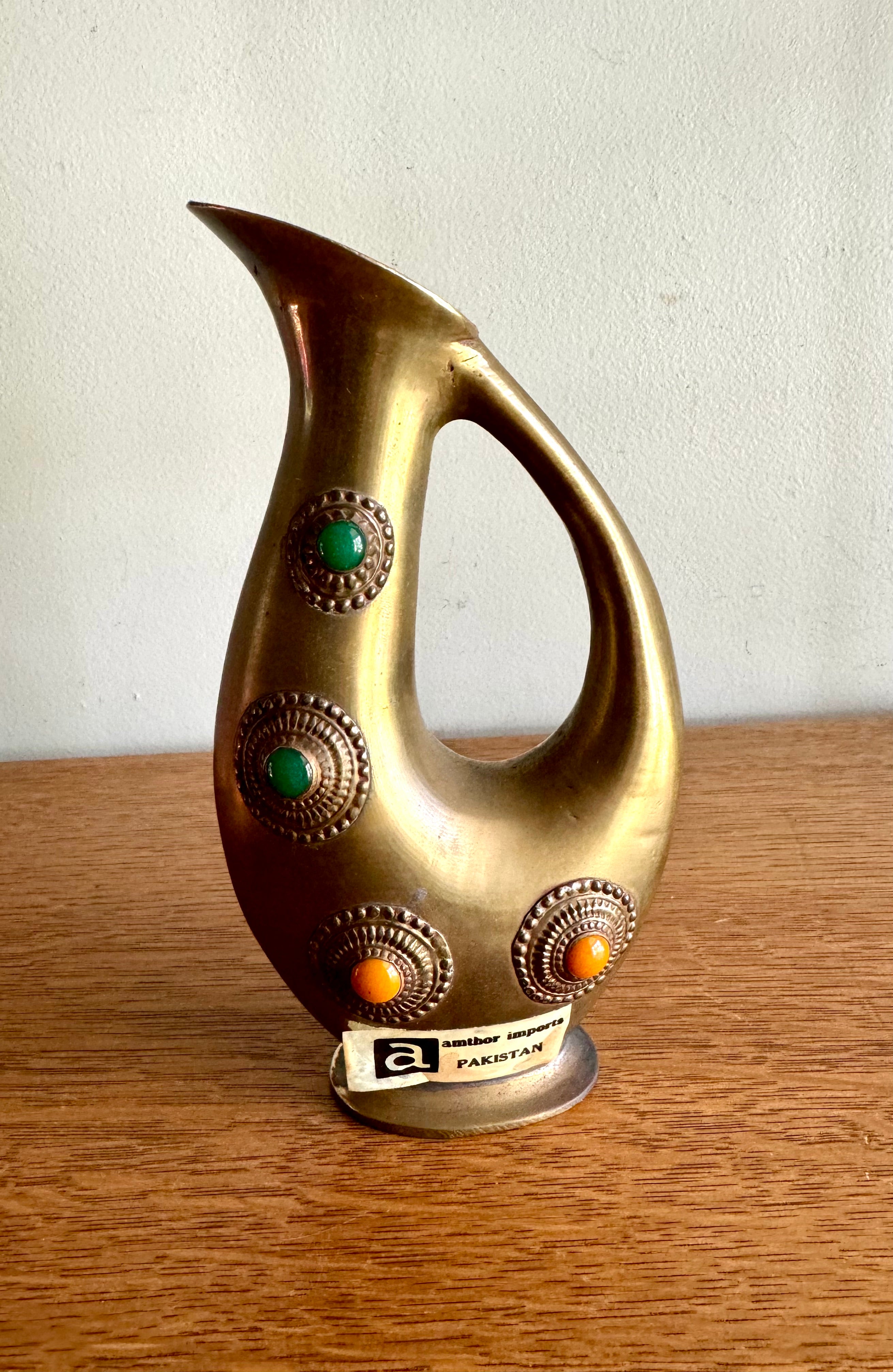 Vintage Amthor Imports Brass Jeweled Vase | Jeweled Brass Amthor Imports Pitcher | Middle Eastern Ornate Brass Vase