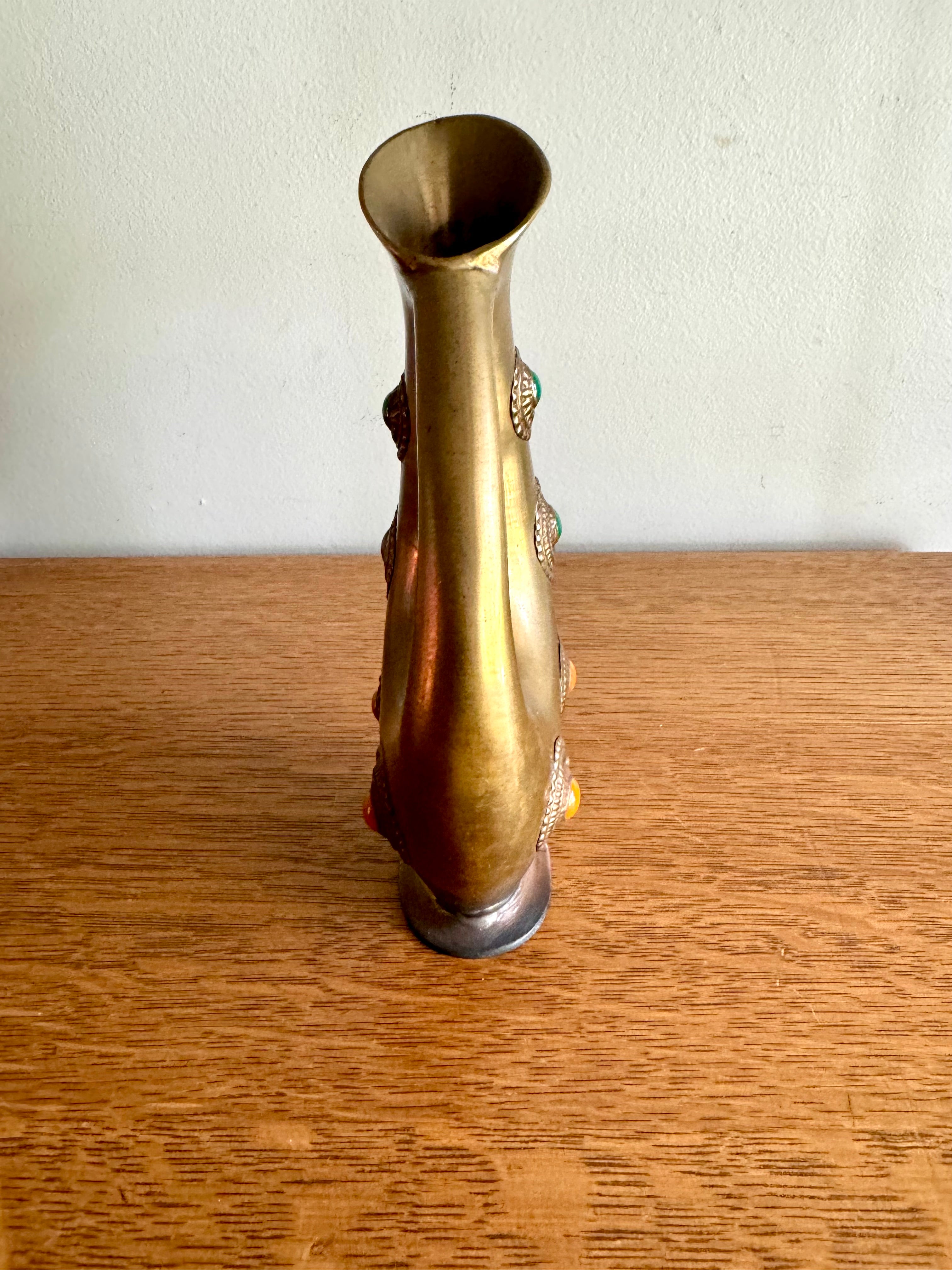 Vintage Amthor Imports Brass Jeweled Vase | Jeweled Brass Amthor Imports Pitcher | Middle Eastern Ornate Brass Vase