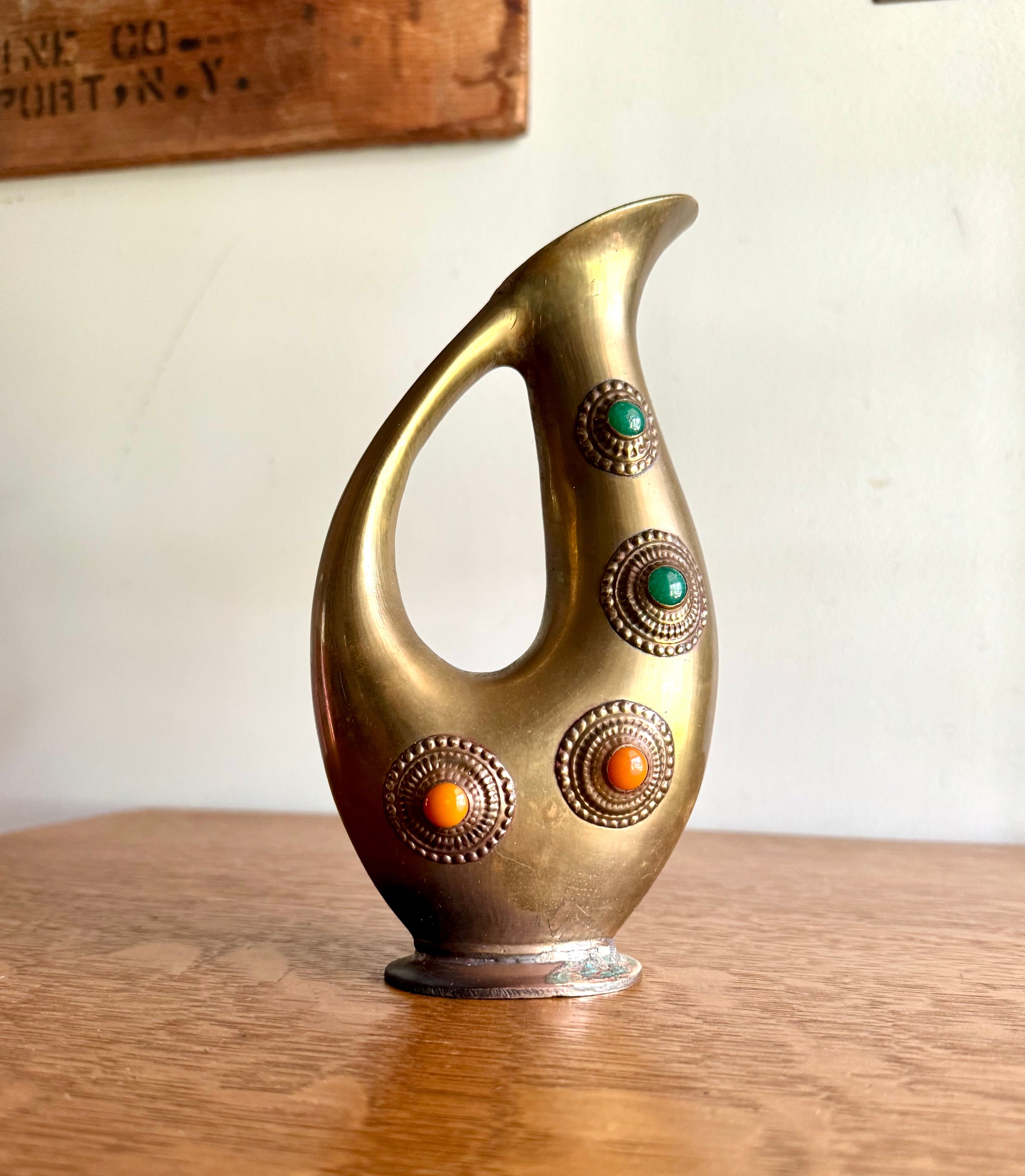 Vintage Amthor Imports Brass Jeweled Vase | Jeweled Brass Amthor Imports Pitcher | Middle Eastern Ornate Brass Vase