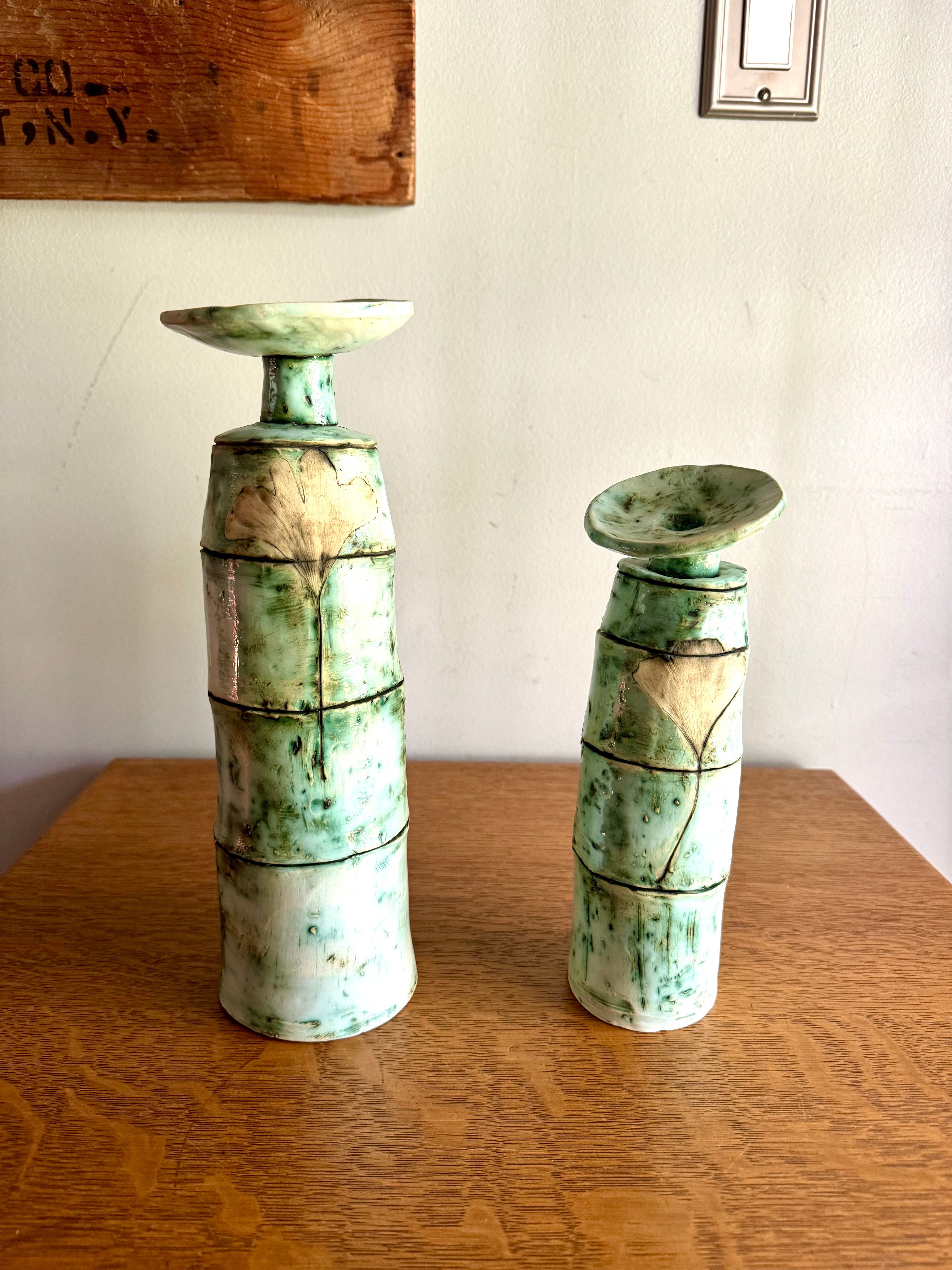 A Pair of Abstract Signed Studio Pottery Vases | Unique Handmade Pottery Bud Vases | Pistachio Colored Ceramic Vases