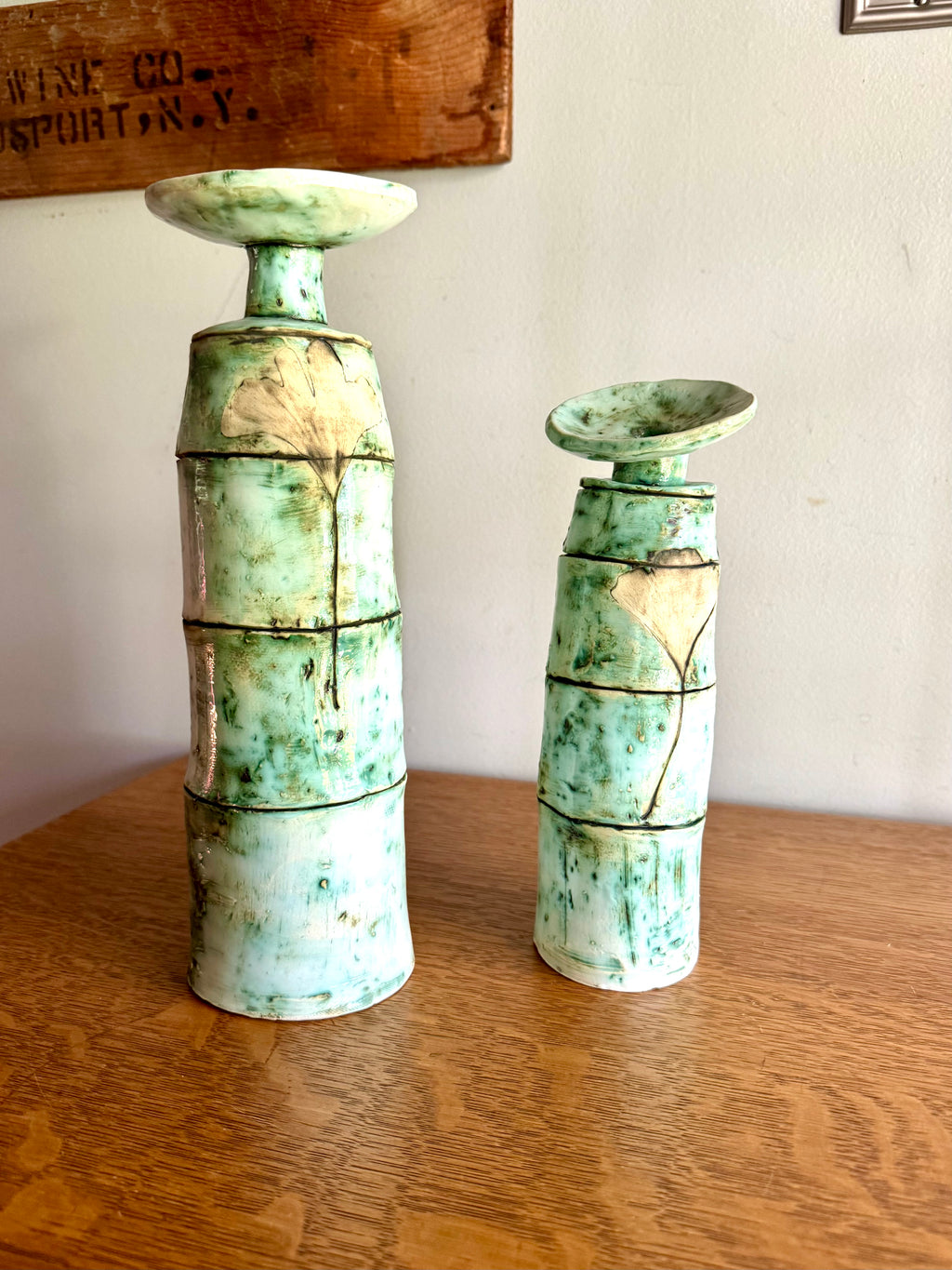 A Pair of Abstract Signed Studio Pottery Vases | Unique Handmade Pottery Bud Vases | Pistachio Colored Ceramic Vases