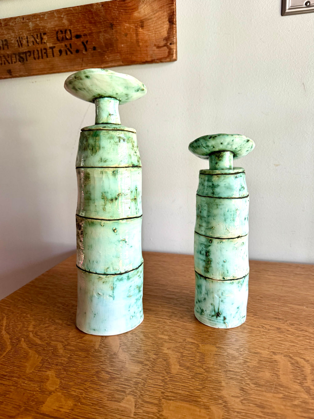 A Pair of Abstract Signed Studio Pottery Vases | Unique Handmade Pottery Bud Vases | Pistachio Colored Ceramic Vases