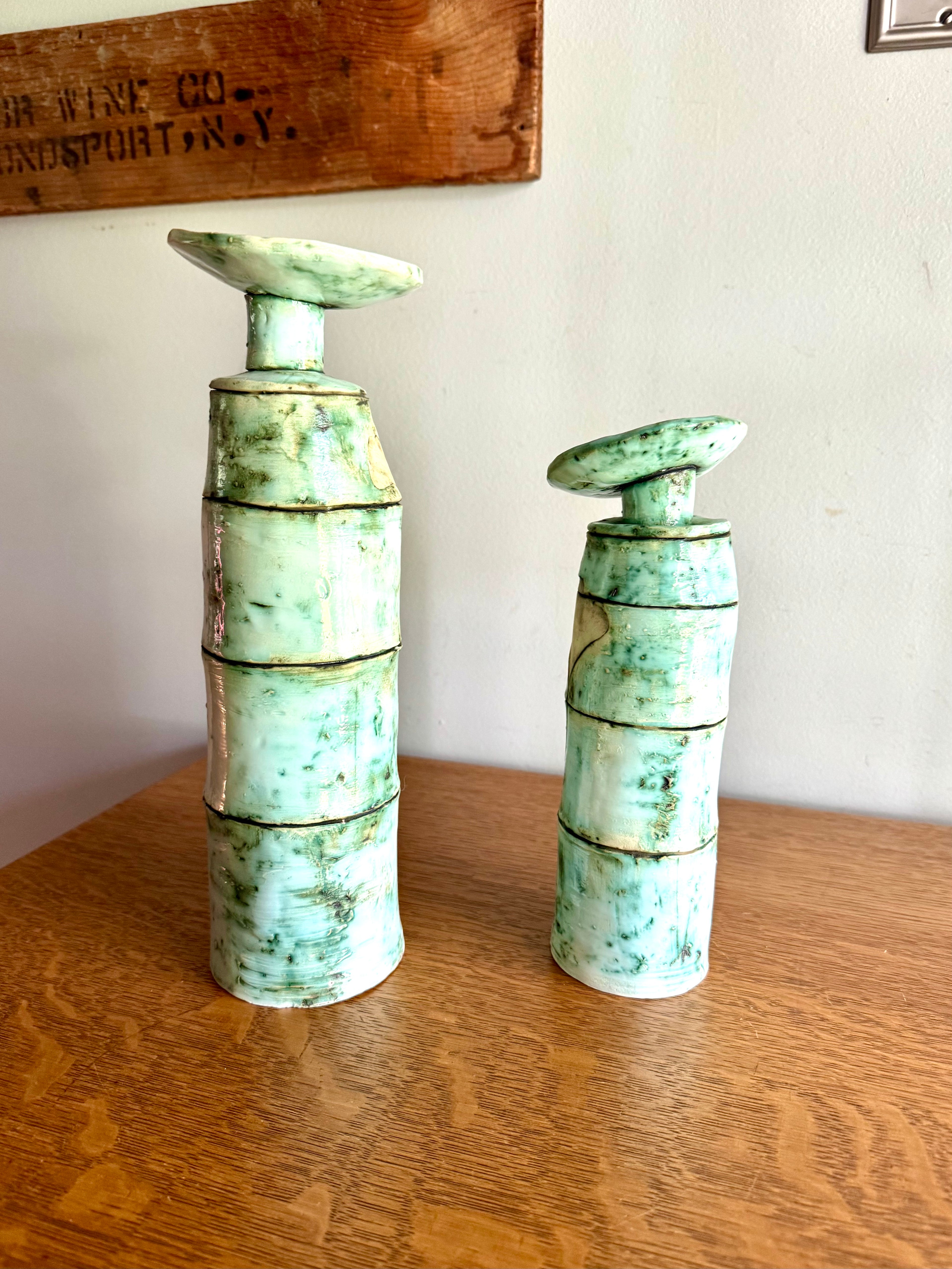 A Pair of Abstract Signed Studio Pottery Vases | Unique Handmade Pottery Bud Vases | Pistachio Colored Ceramic Vases