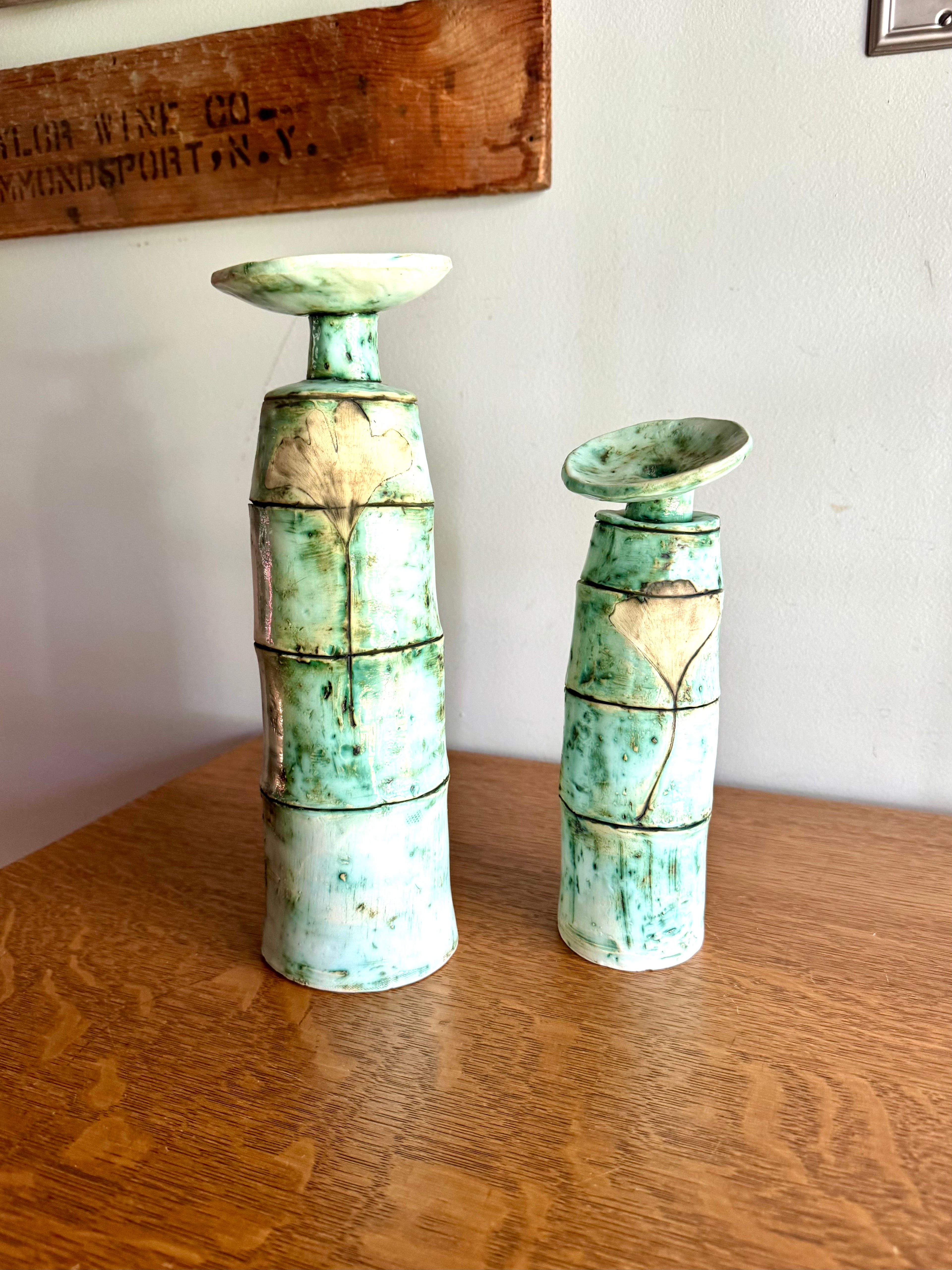 A Pair of Abstract Signed Studio Pottery Vases | Unique Handmade Pottery Bud Vases | Pistachio Colored Ceramic Vases