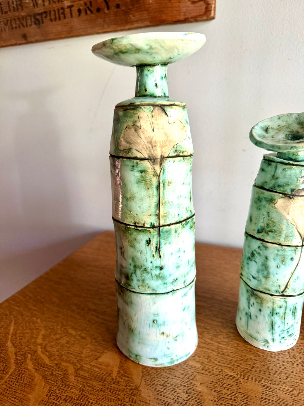 A Pair of Abstract Signed Studio Pottery Vases | Unique Handmade Pottery Bud Vases | Pistachio Colored Ceramic Vases