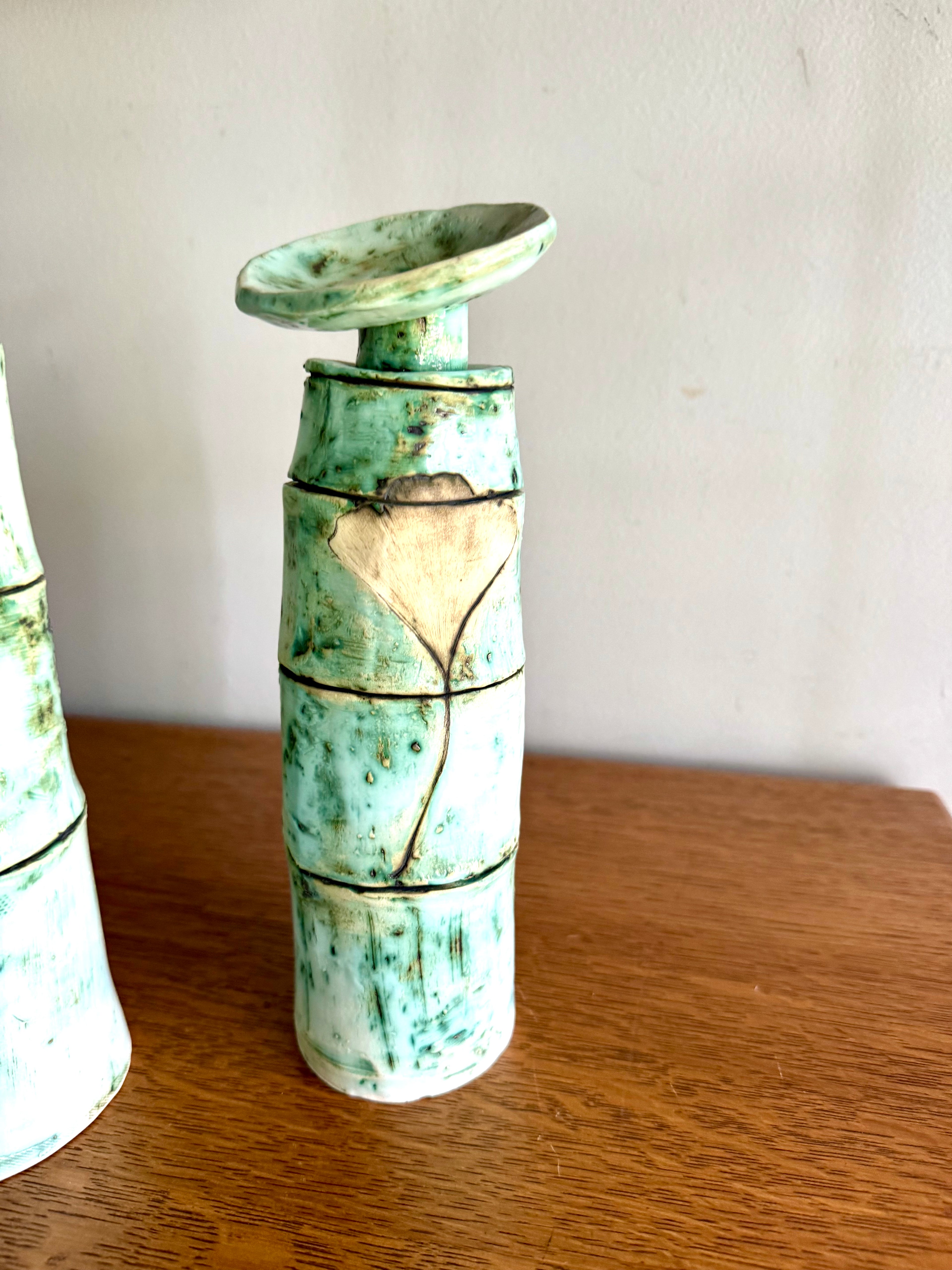 A Pair of Abstract Signed Studio Pottery Vases | Unique Handmade Pottery Bud Vases | Pistachio Colored Ceramic Vases