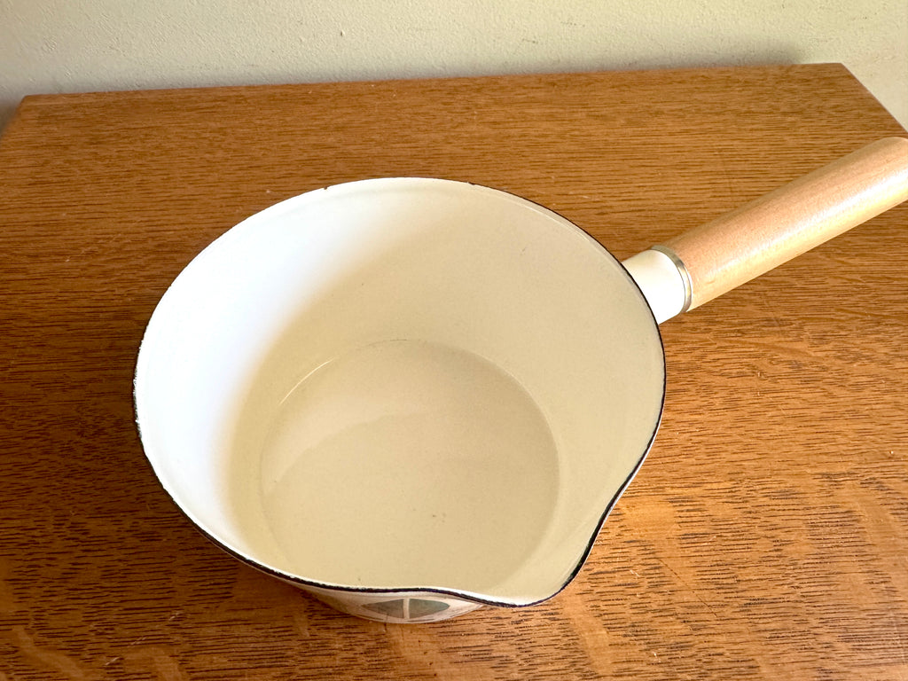 Vtg Cathrineholm Inspired Enamel Lotus Saucepan ~ Lotus Leaf Milk Pot With Spout and Wood Handle
