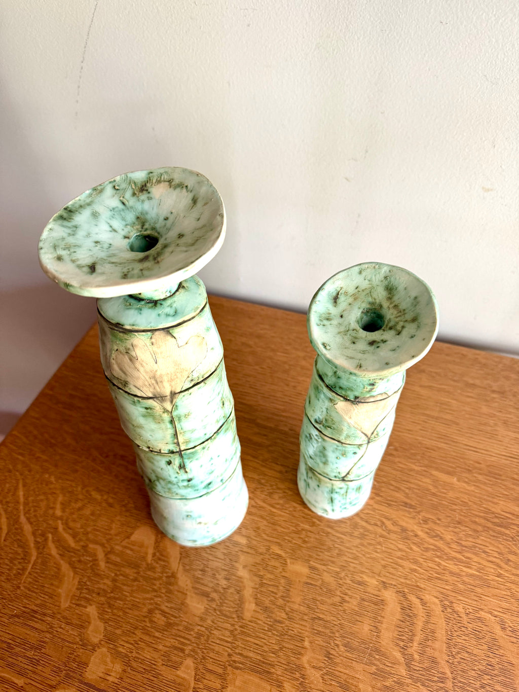 A Pair of Abstract Signed Studio Pottery Vases | Unique Handmade Pottery Bud Vases | Pistachio Colored Ceramic Vases